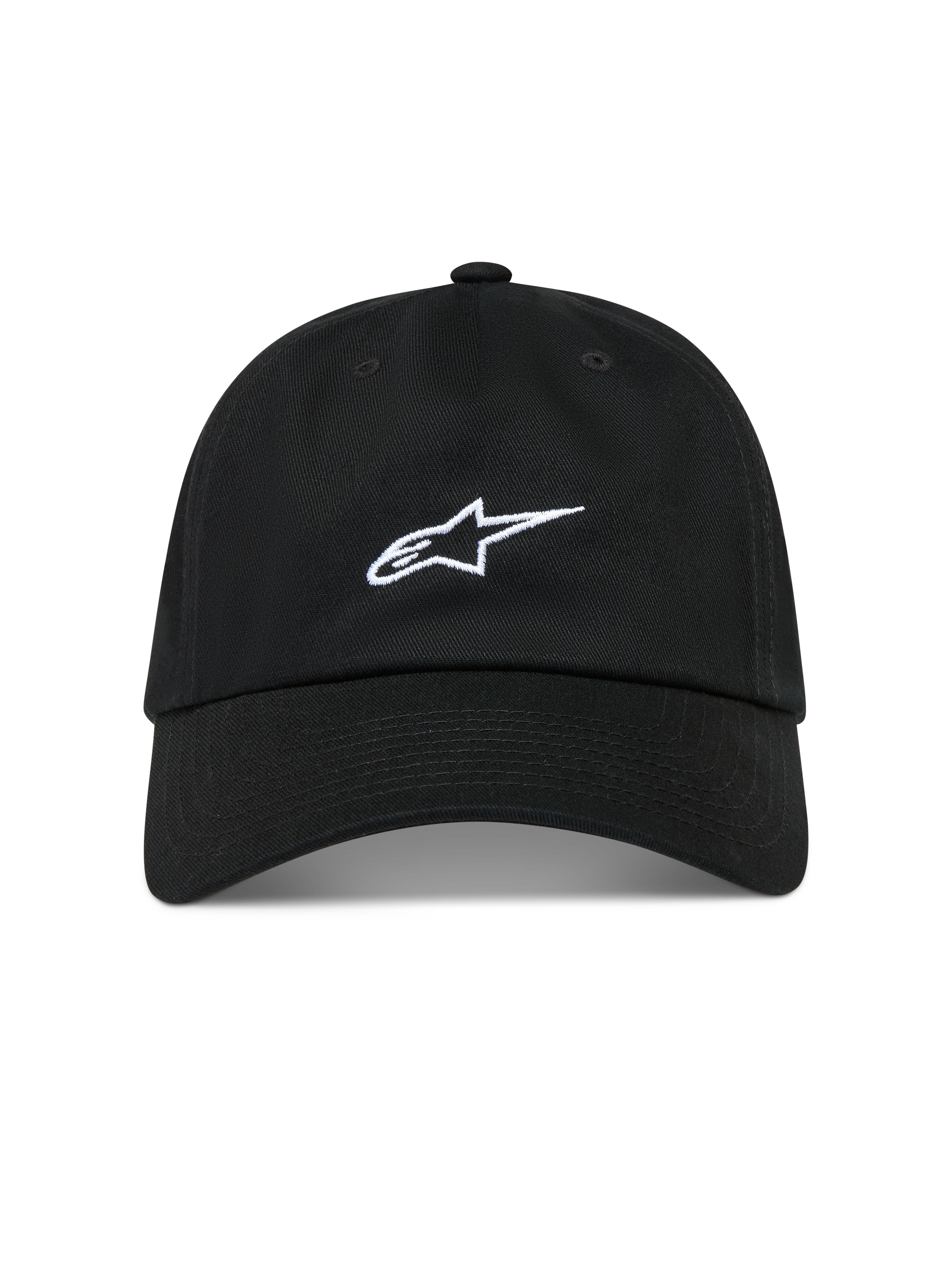 Alpinestars Dylan Dad Chapéu, boné de sarja preto com logótipo Astars branco, aba curva e coroa baixa não estruturada.