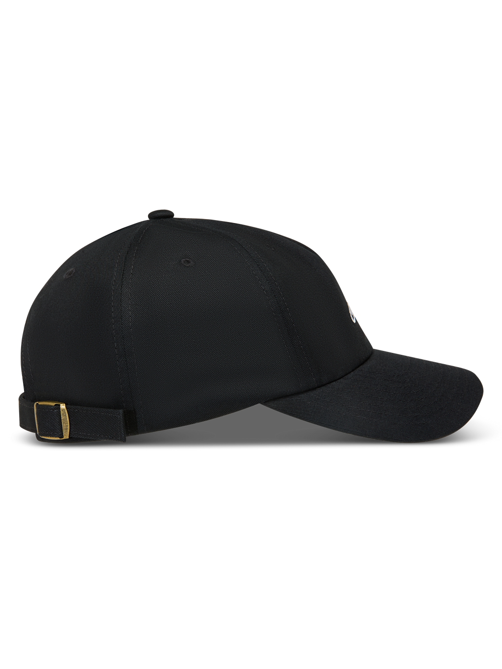 Alpinestars Dylan Dad Chapéu, boné de sarja preto com aba curva e fecho de tira ajustável em latão, vista lateral.