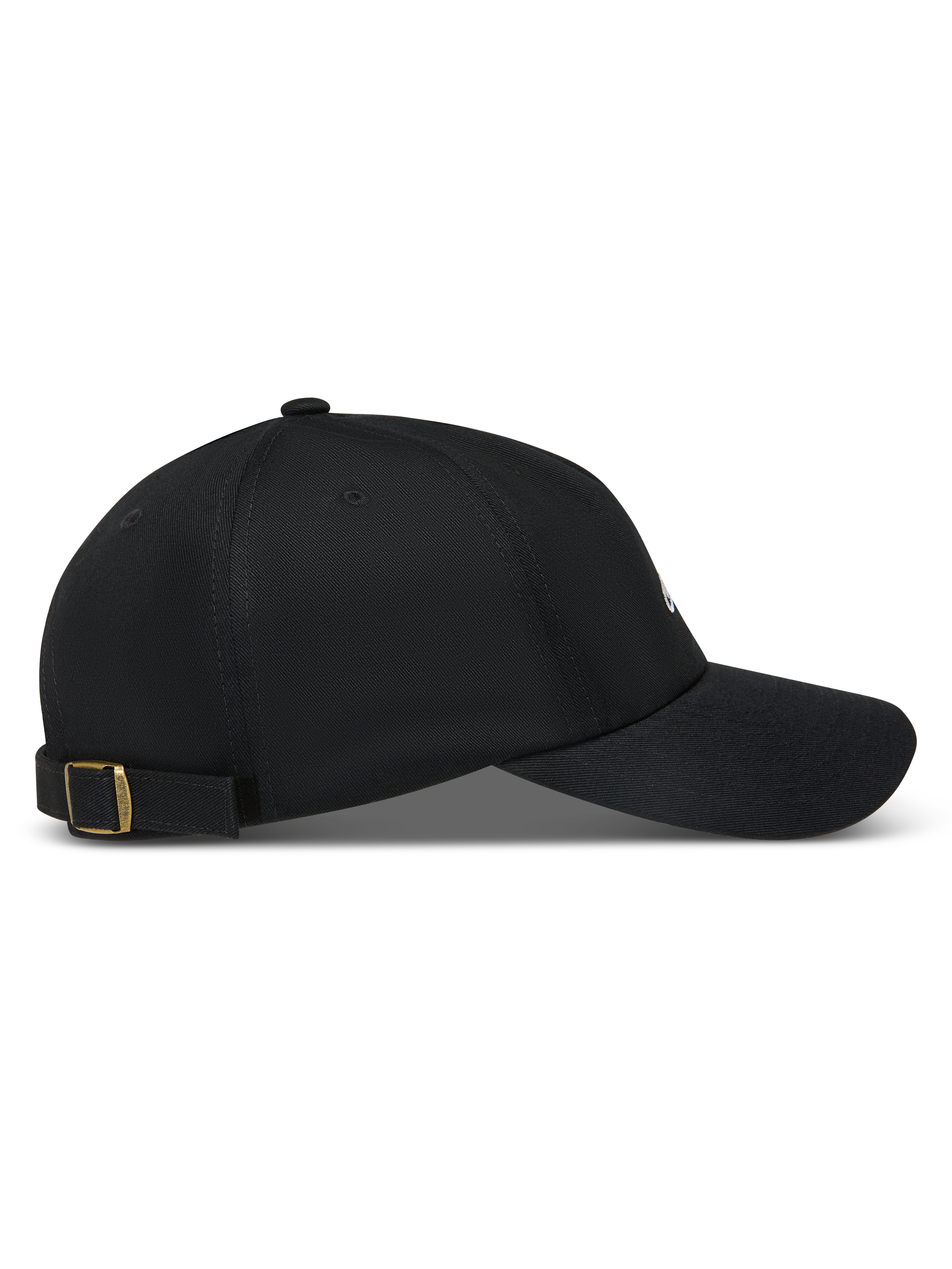 Alpinestars Dylan Dad Chapéu, boné de sarja preto com aba curva e fecho de tira ajustável em latão, vista lateral.