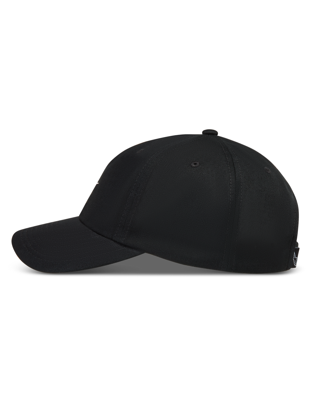 Alpinestars Dylan Dad Chapéu, boné preto de sarja com aba curva e coroa não estruturada, perfil lateral.