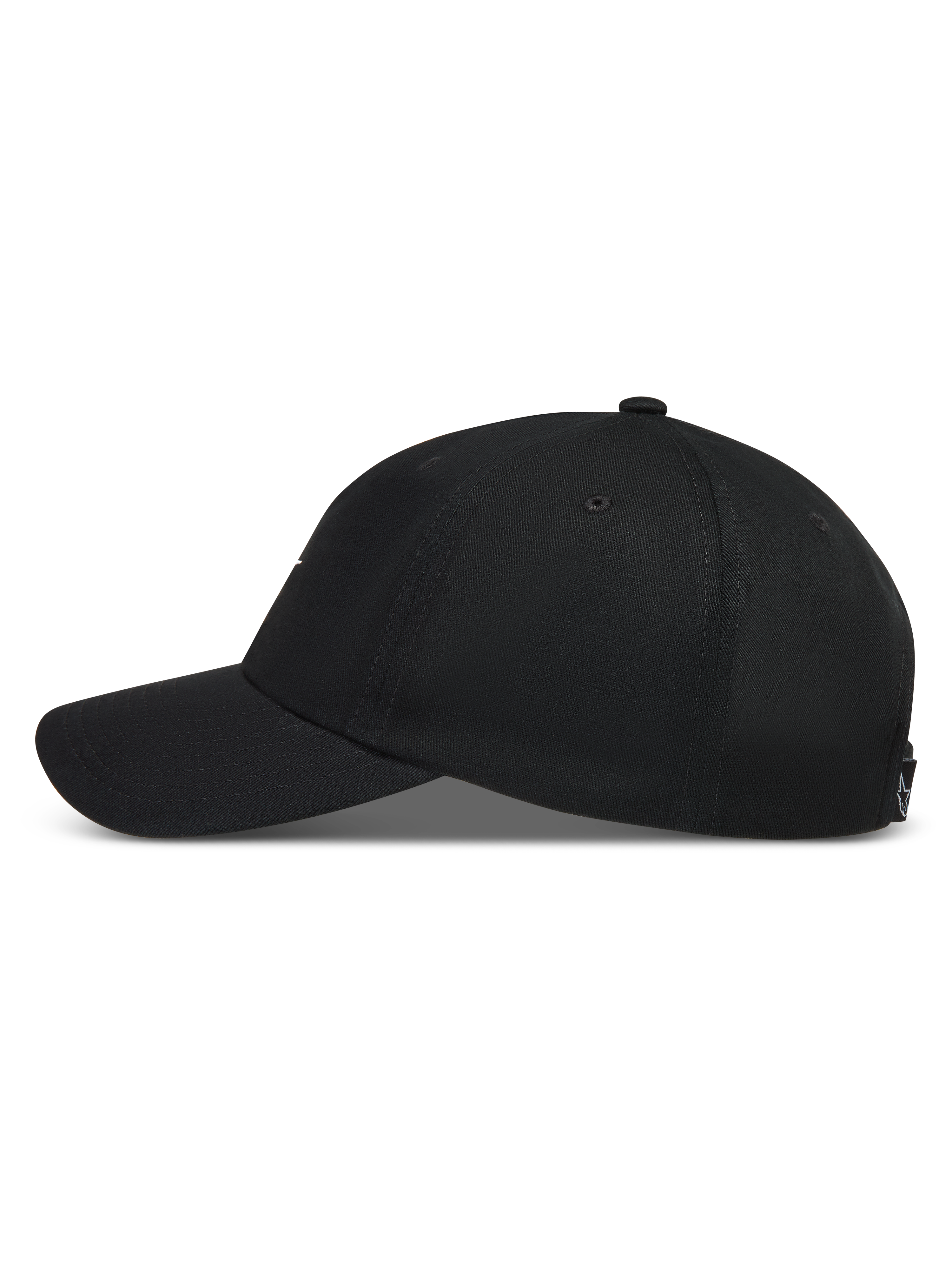 Alpinestars Dylan Dad Chapéu, boné preto de sarja com aba curva e coroa não estruturada, perfil lateral.