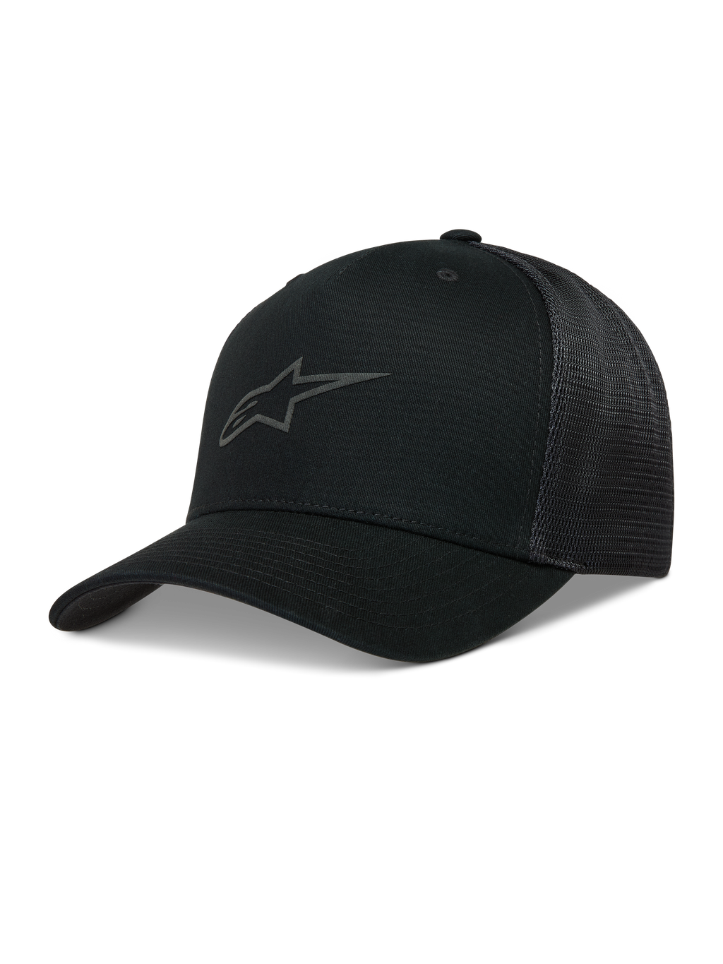 Alpinestars Augment boné trucker, preto com aba curva, frente em sarja e malha diamante atrás, logótipo Astars em relevo, sportswear.