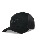 Alpinestars Augment boné trucker, preto com aba curva, frente em sarja e malha diamante atrás, logótipo Astars em relevo, sportswear.