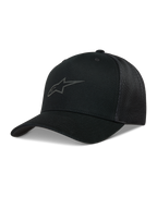 Alpinestars Augment boné trucker, preto com aba curva, frente em sarja e malha diamante atrás, logótipo Astars em relevo, sportswear.