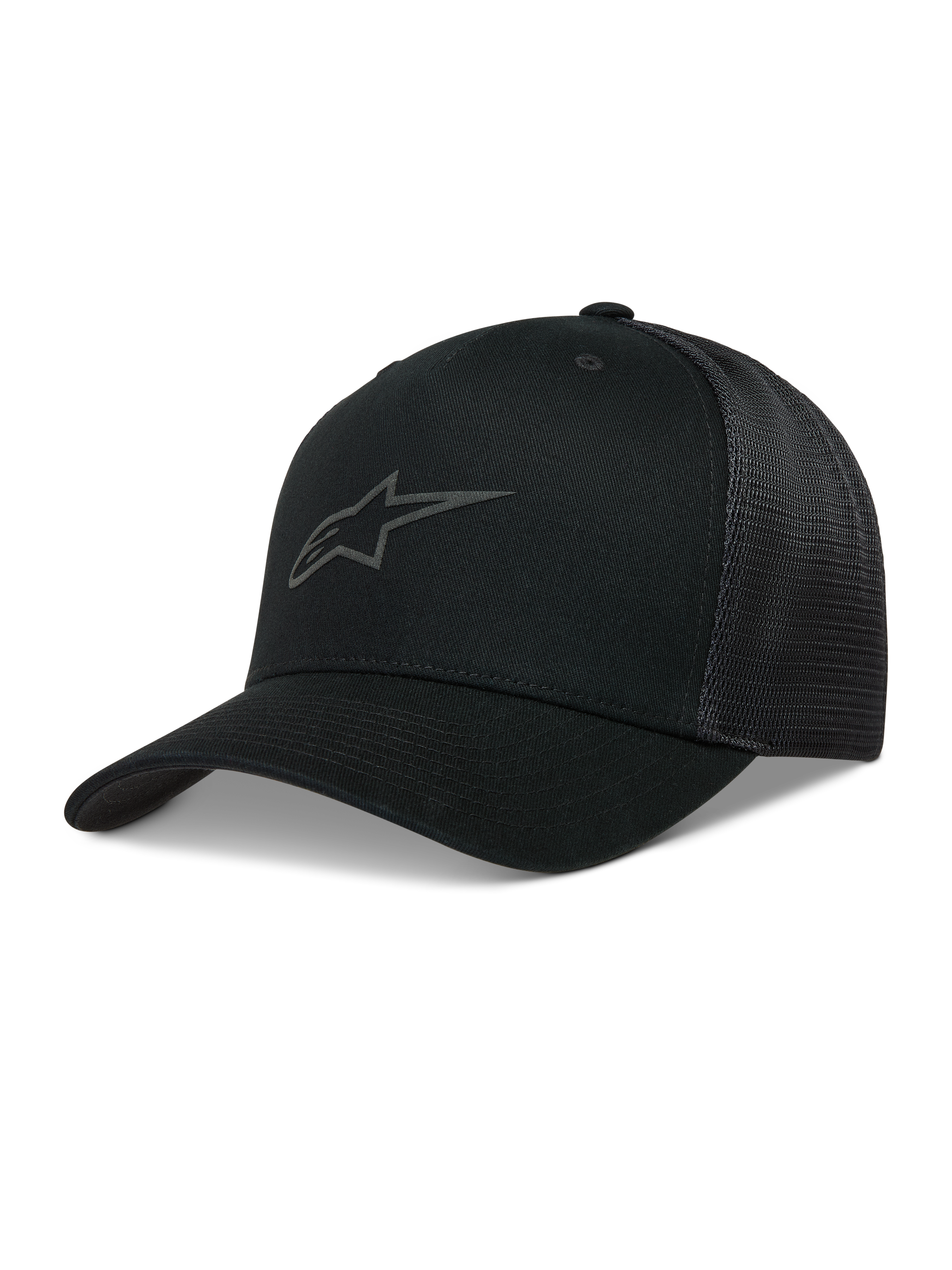 Alpinestars Augment boné trucker, preto com aba curva, frente em sarja e malha diamante atrás, logótipo Astars em relevo, sportswear.