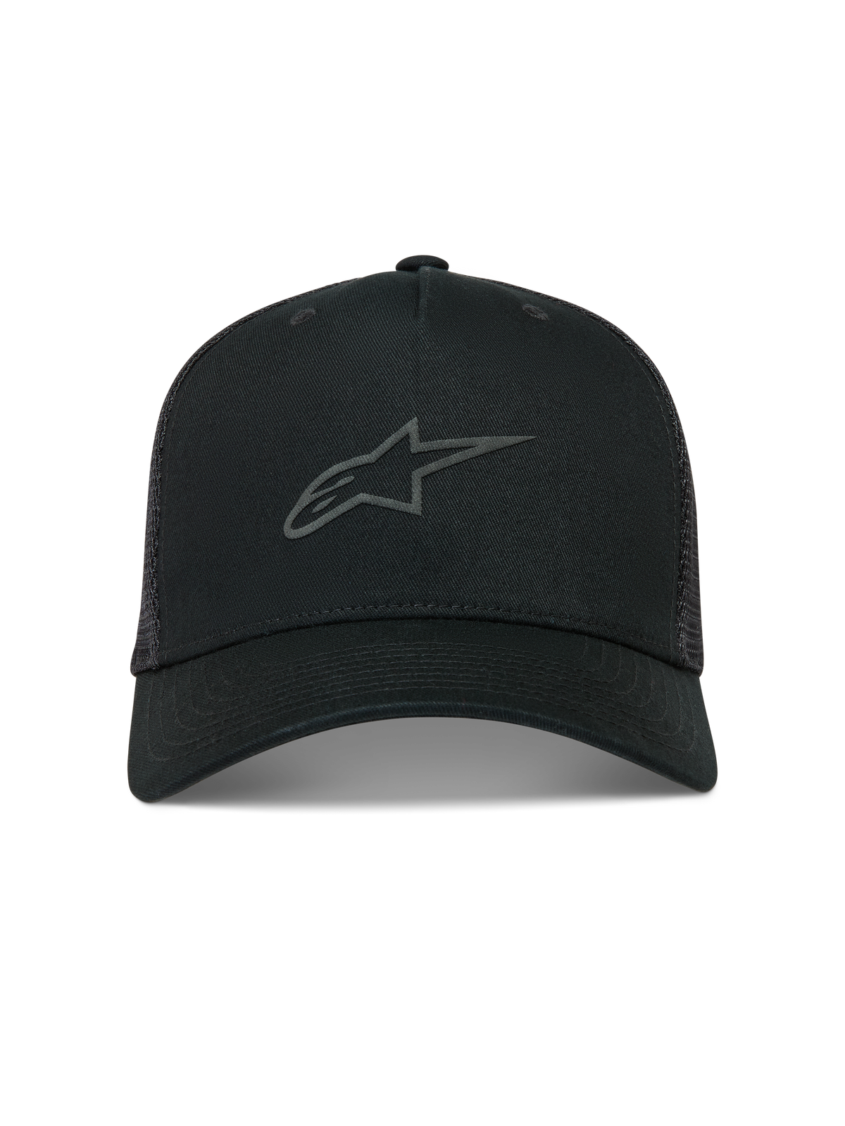 Alpinestars Augment, boné trucker preto com aba curva e logótipo Astars frontal em relevo.