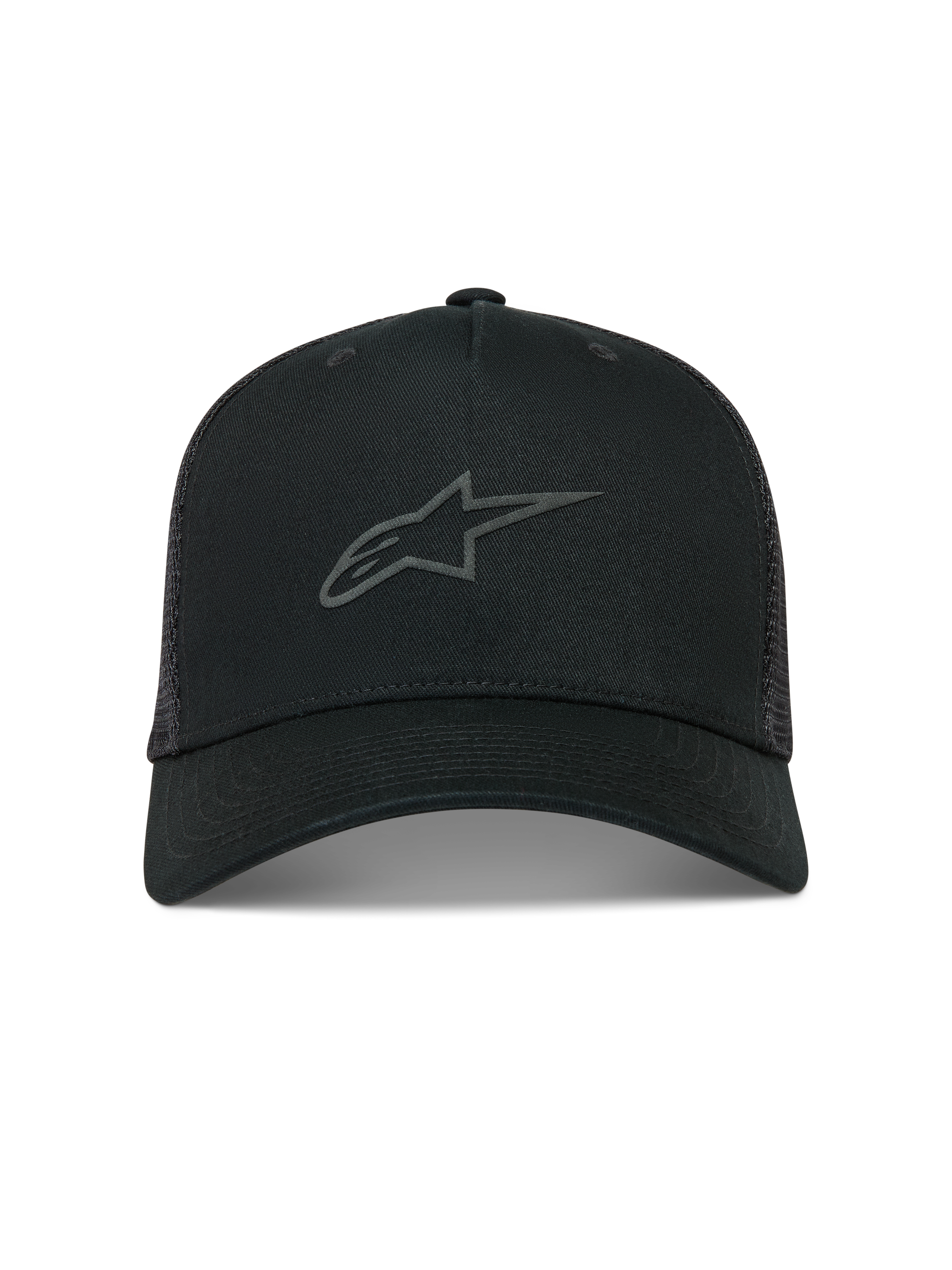 Alpinestars Augment, boné trucker preto com aba curva e logótipo Astars frontal em relevo.
