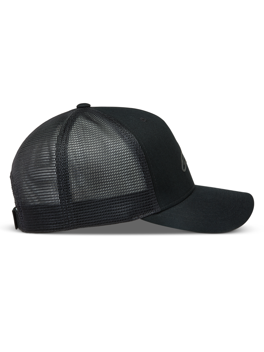 Alpinestars Augment, boné trucker preto com aba curva, coroa estruturada e malha de diamante atrás.