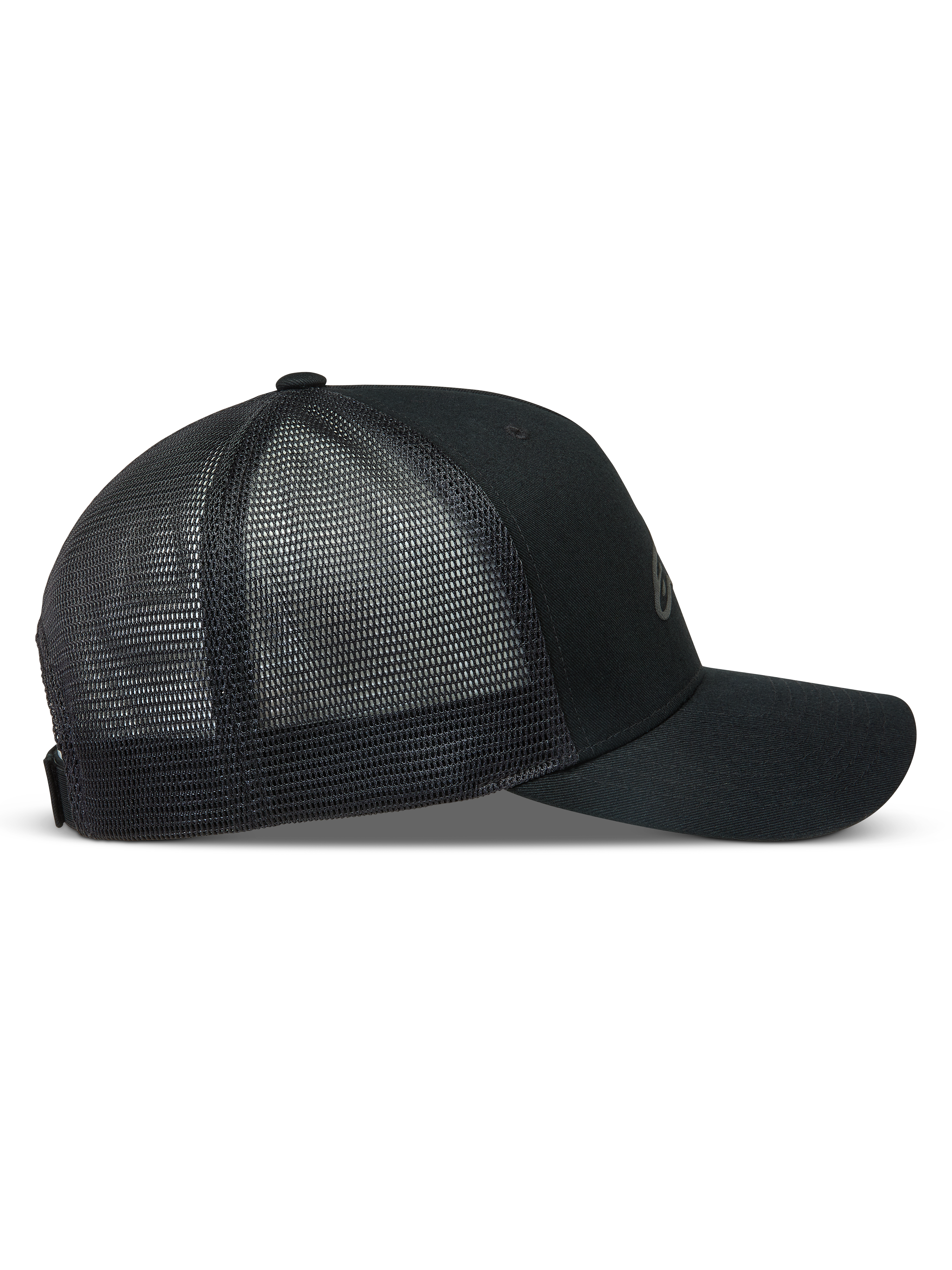 Alpinestars Augment, boné trucker preto com aba curva, coroa estruturada e malha de diamante atrás.