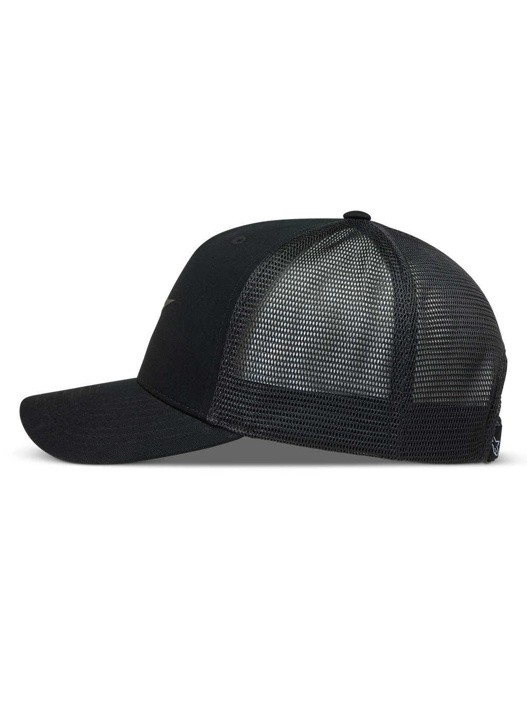 Alpinestars Augment boné trucker, preto, vista lateral com frente em sarja, aba curva e malha diamante respirável.
