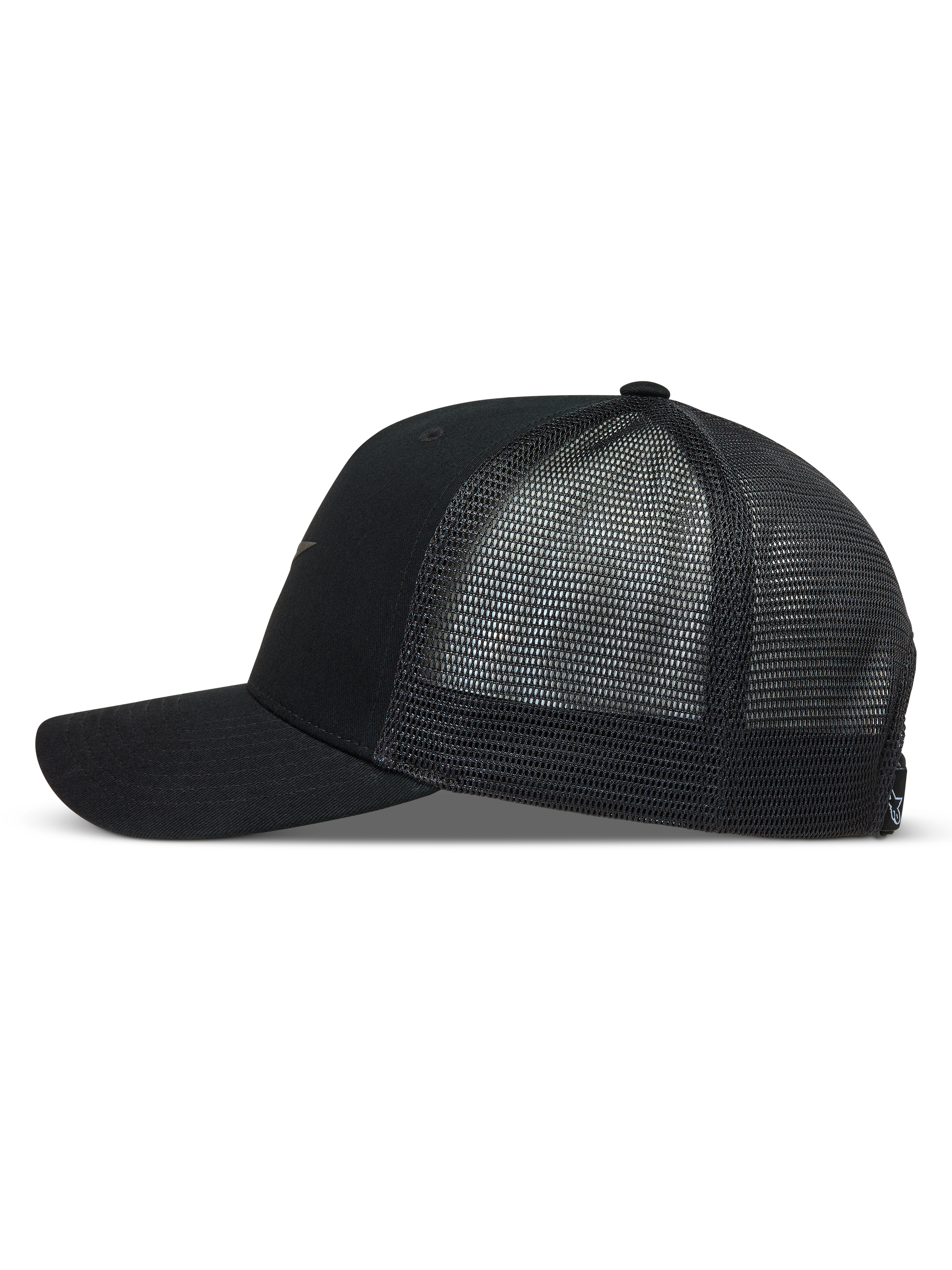 Alpinestars Augment boné trucker, preto, vista lateral com frente em sarja, aba curva e malha diamante respirável.