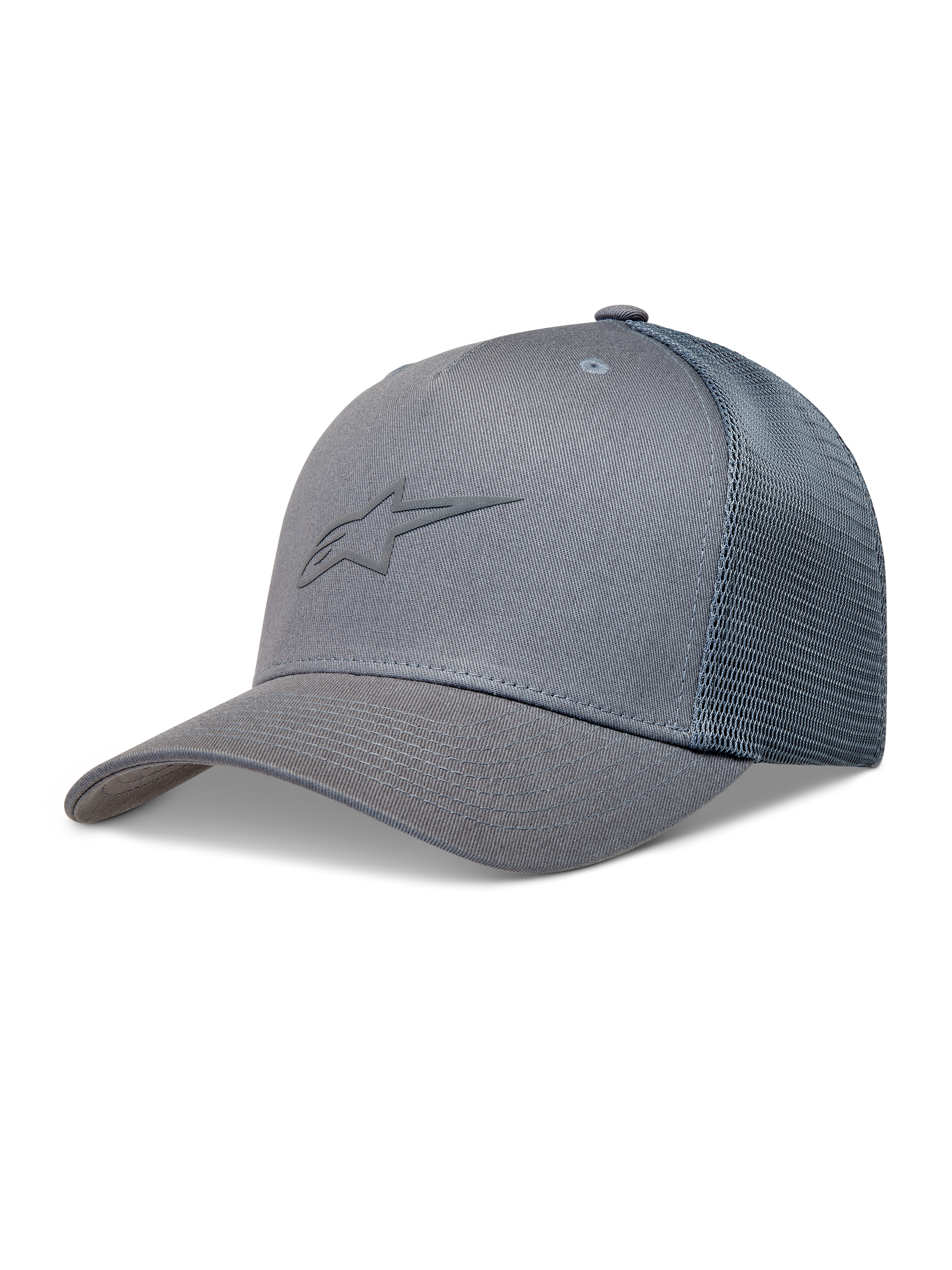 Alpinestars Augment Trucker Hat, Sportswear Cap, Grey, featuring a curved bill, structured crown, and breathable diamond mesh back.
