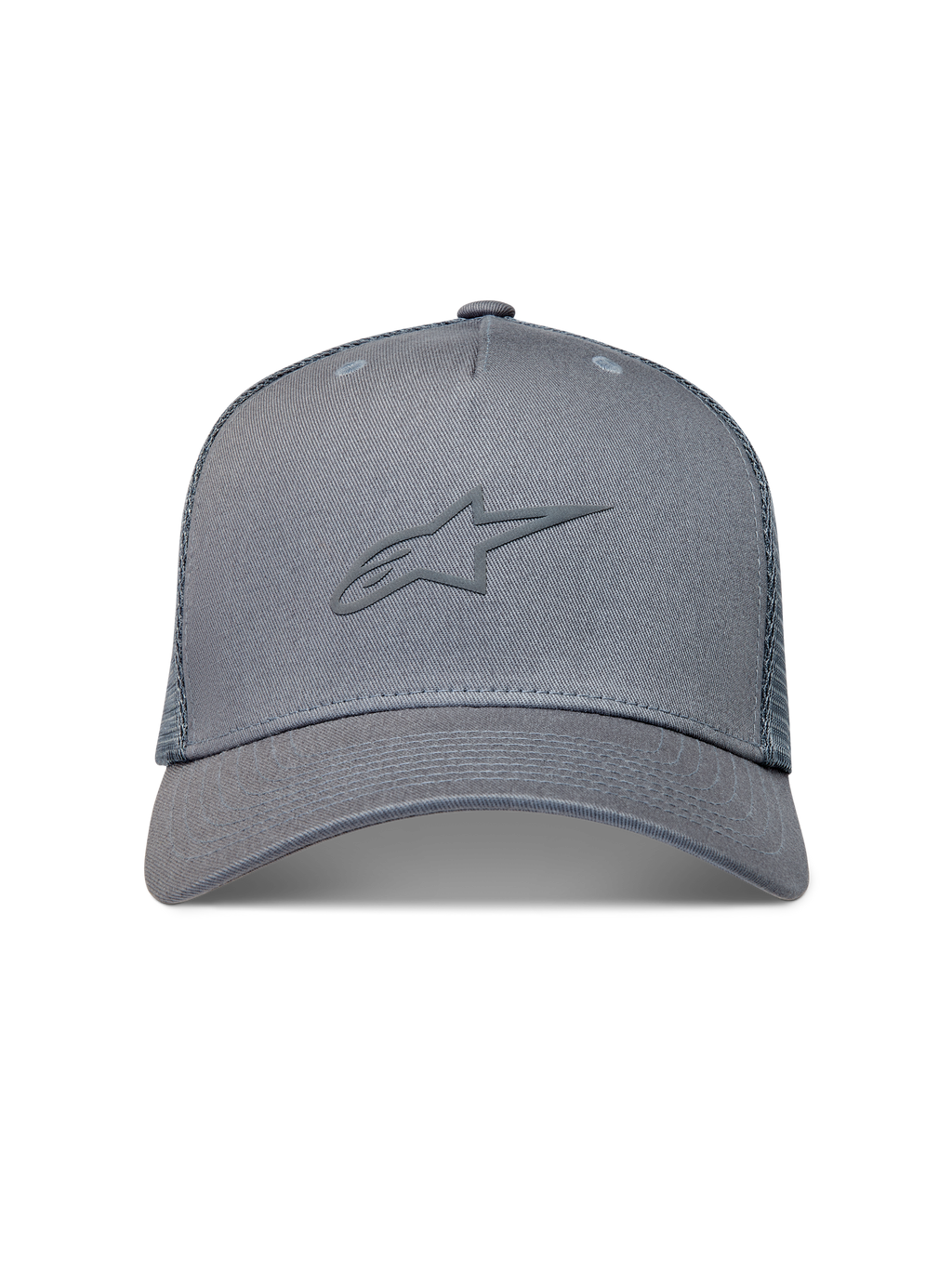 Alpinestars Augment Trucker Hat, grey sportswear cap with a textured puff print logo, curved bill, and diamond mesh back.