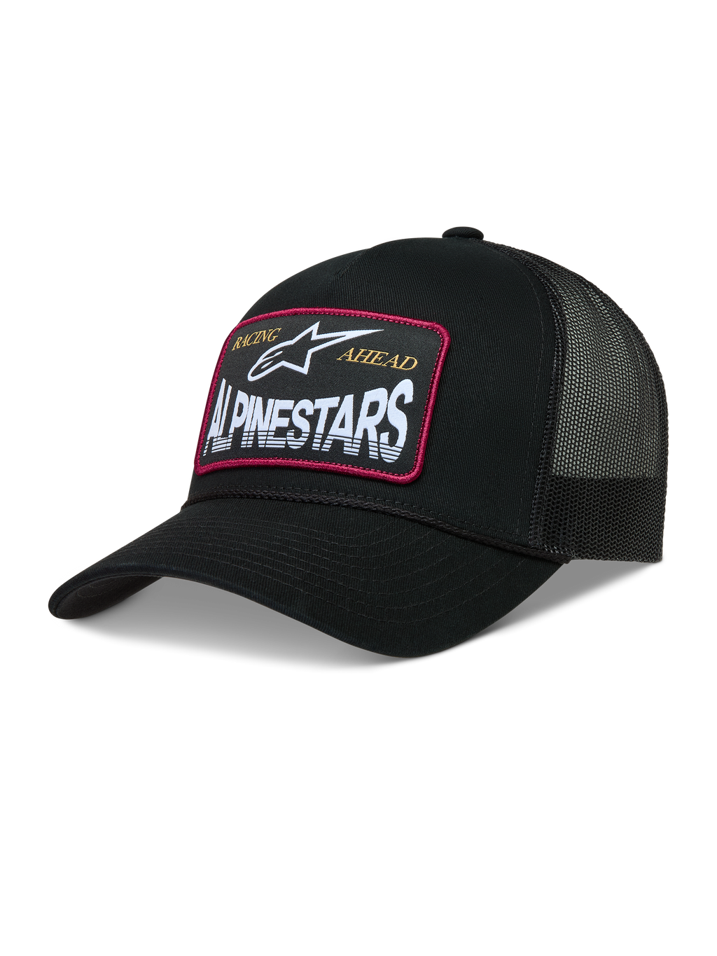 Alpinestars Hemmings Boné trucker, boné preto em sarja e malha com patch de logótipo de borda vermelha, casual sportswear