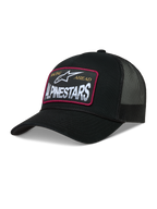 Alpinestars Hemmings Boné trucker, boné preto em sarja e malha com patch de logótipo de borda vermelha, casual sportswear