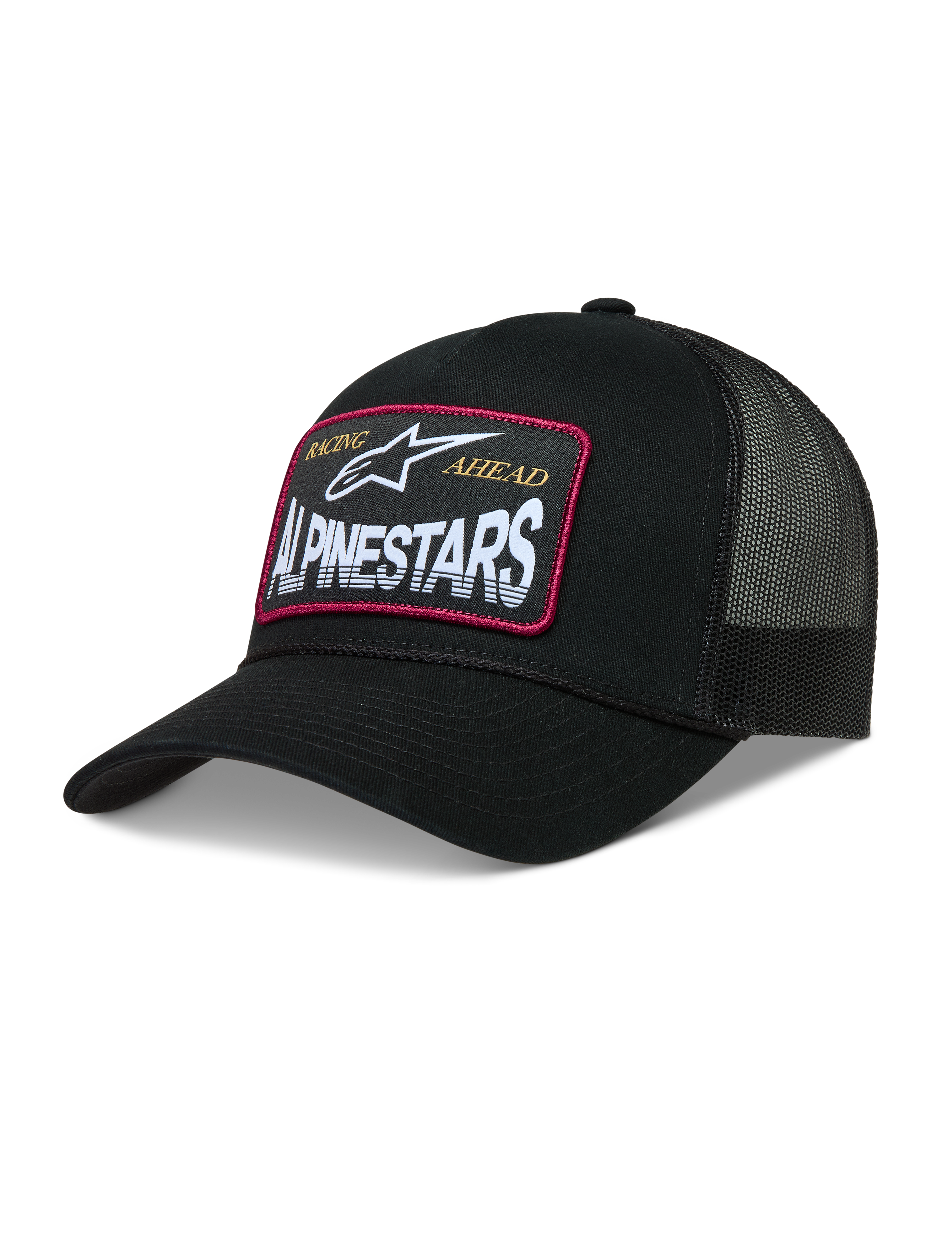 Alpinestars Hemmings Boné trucker, boné preto em sarja e malha com patch de logótipo de borda vermelha, casual sportswear