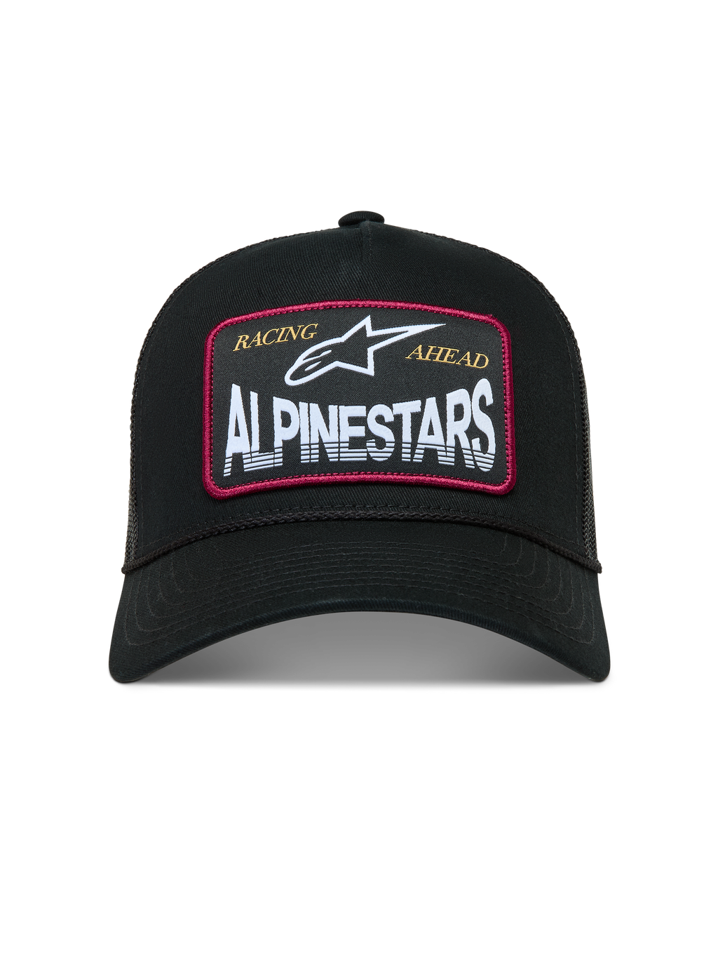 Alpinestars Hemmings boné trucker, boné preto com patch de logótipo branco, bordas vermelhas e malha traseira respirável.
