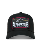 Alpinestars Hemmings boné trucker, boné preto com patch de logótipo branco, bordas vermelhas e malha traseira respirável.