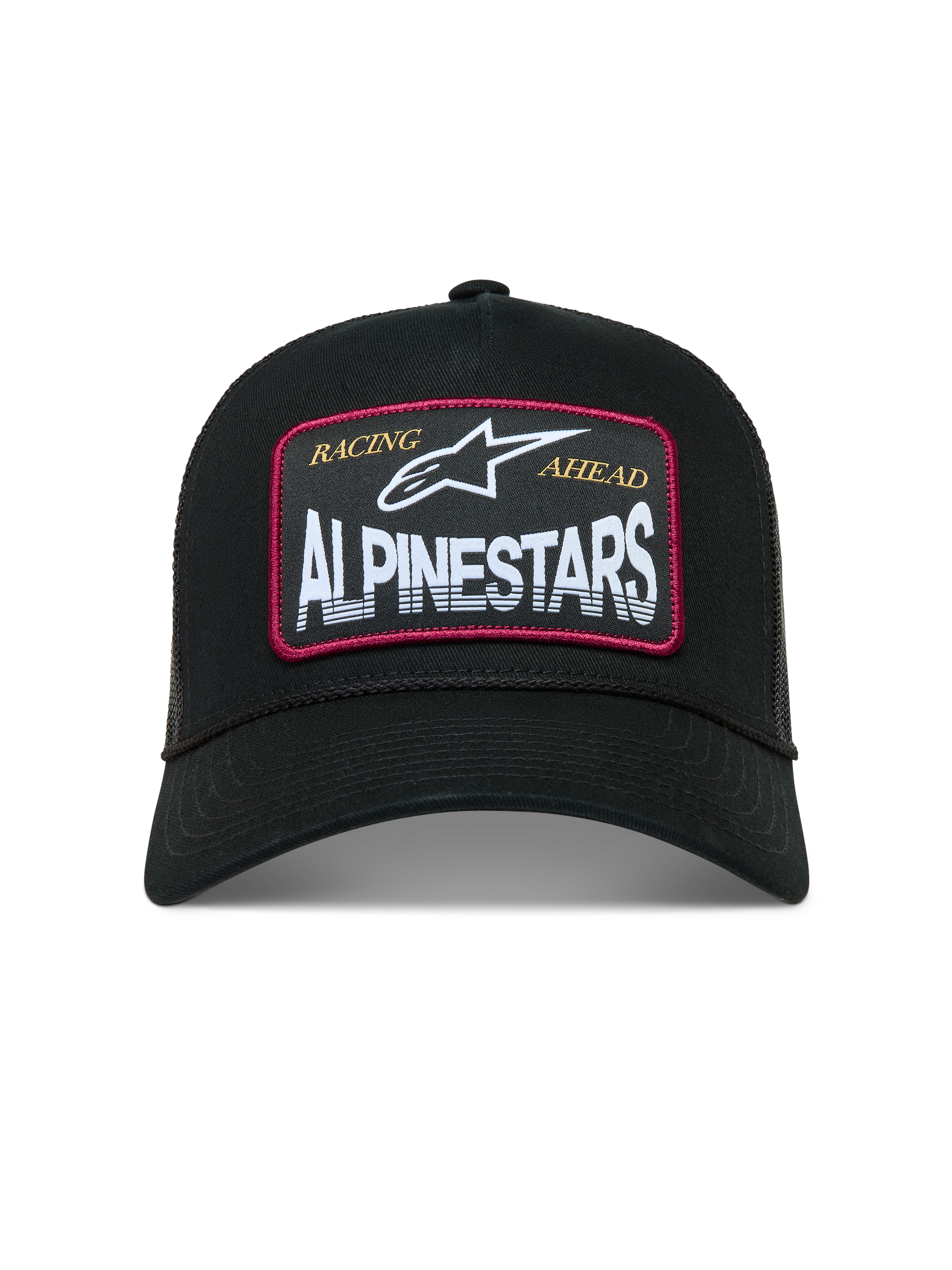 Alpinestars Hemmings boné trucker, boné preto com patch de logótipo branco, bordas vermelhas e malha traseira respirável.