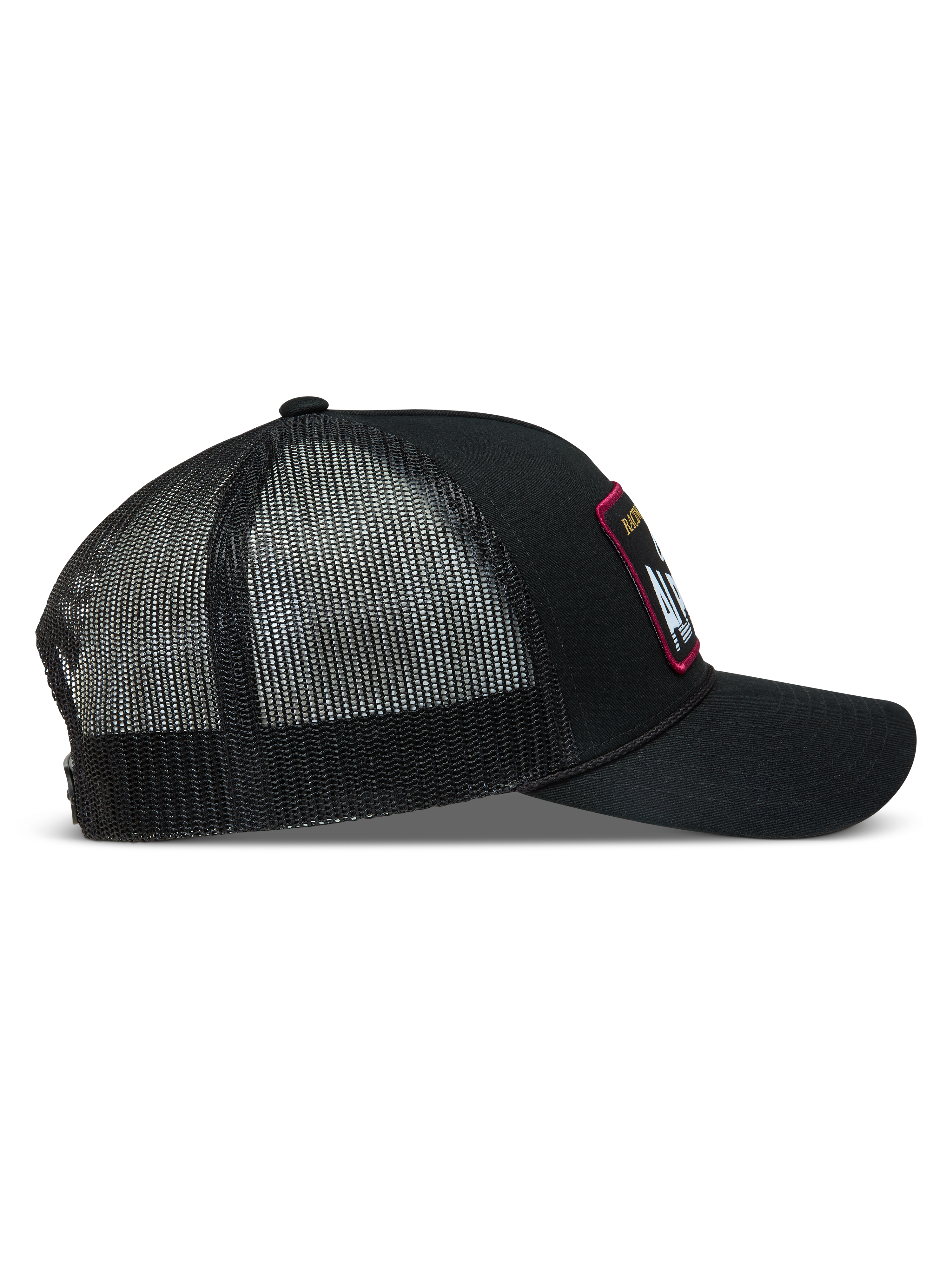 Alpinestars Hemmings boné trucker preto, vista lateral com frente em sarja e malha de poliéster, casual sportswear.