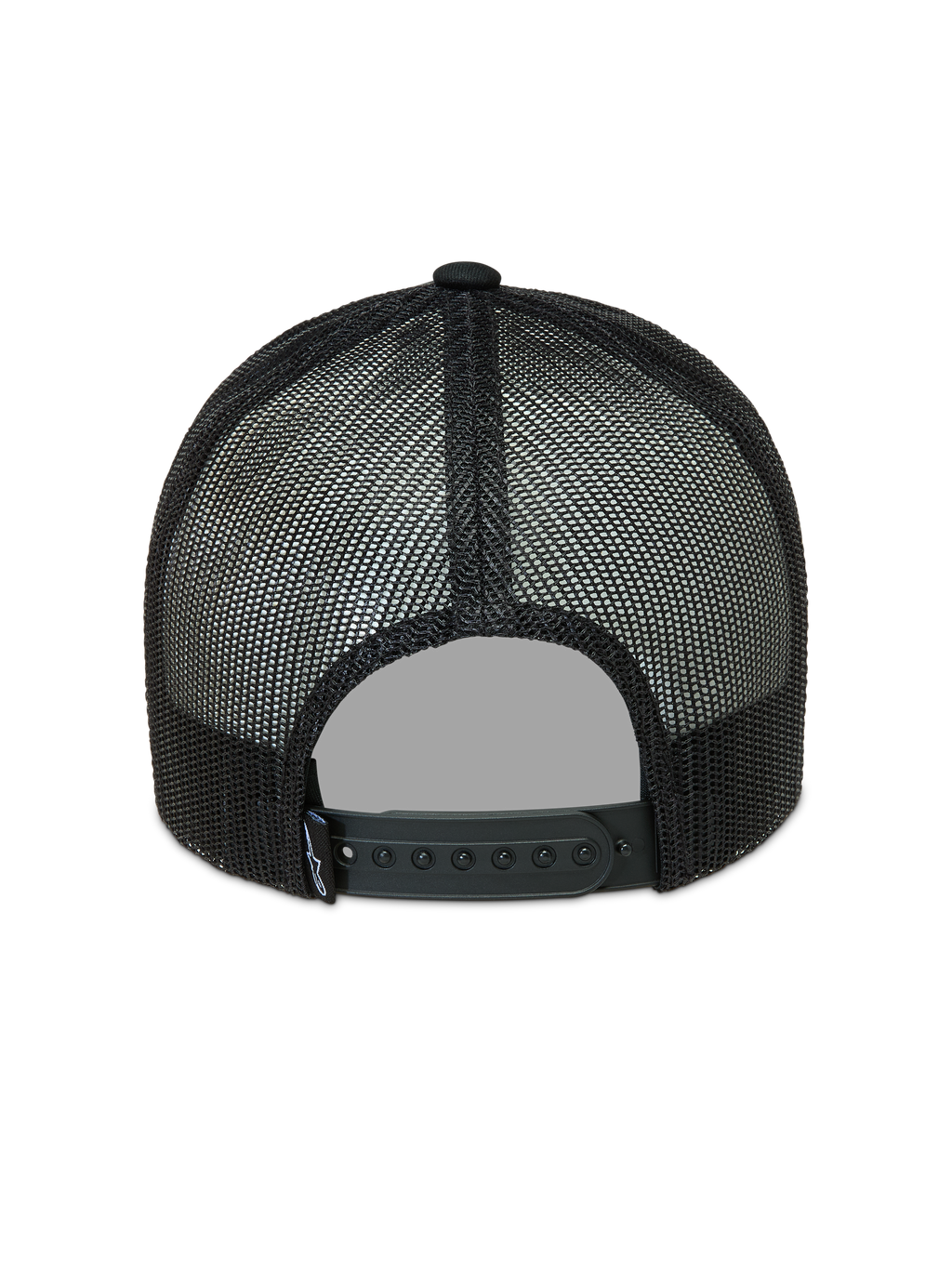 Alpinestars Hemmings boné trucker, vista traseira com painéis de malha e fecho de pressão ajustável, preto.