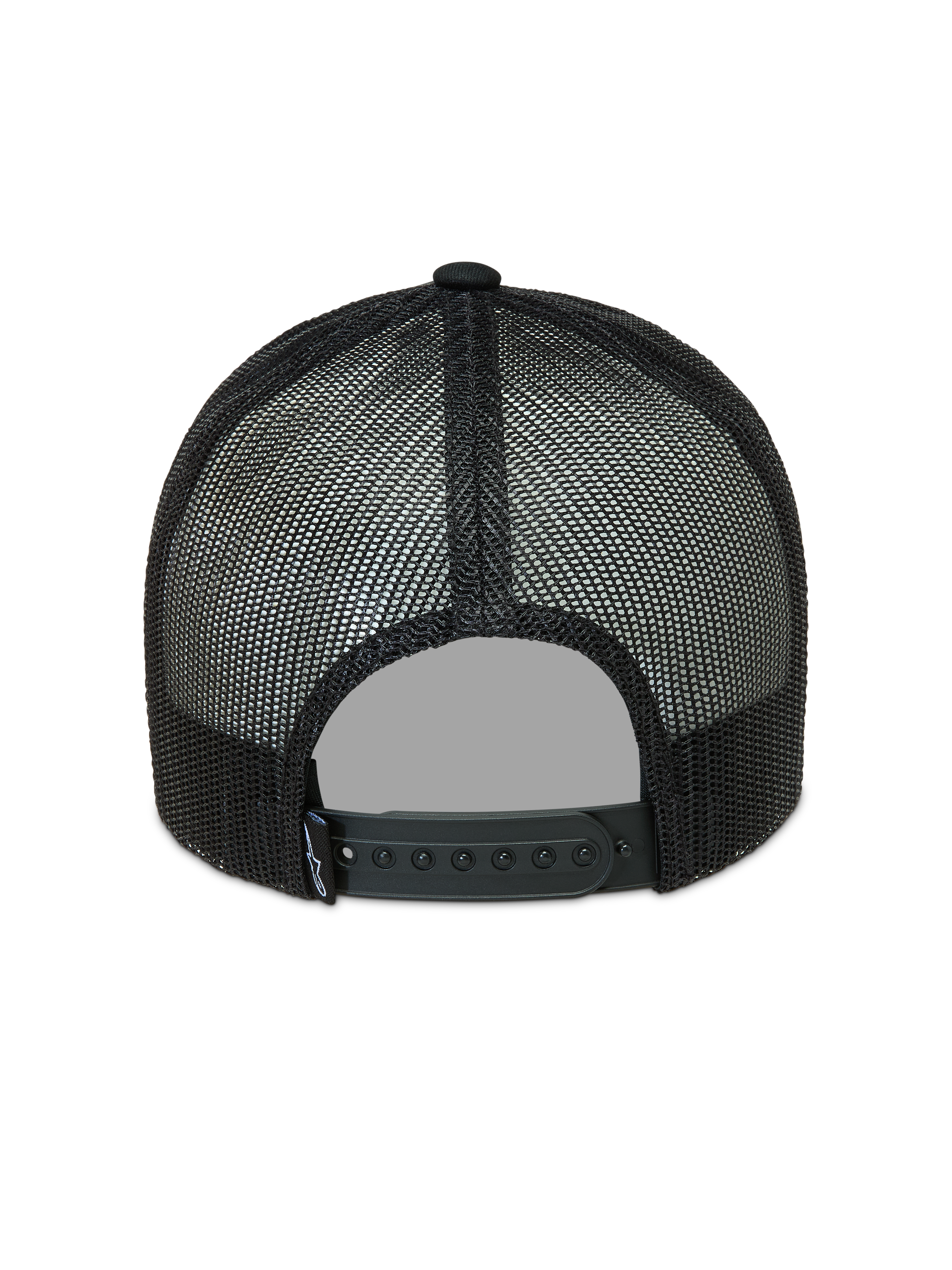 Alpinestars Hemmings boné trucker, vista traseira com painéis de malha e fecho de pressão ajustável, preto.