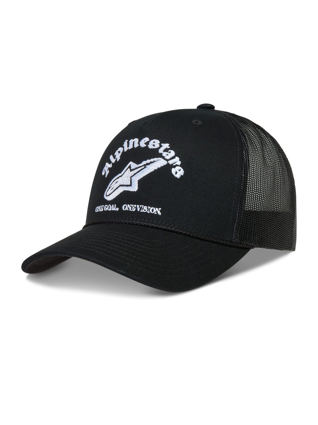 Alpinestars Baron Boné Trucker, boné preto com logótipo bordado branco, aba curva e malha respirável, casual sportswear.