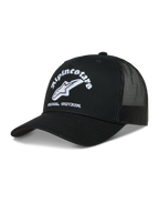 Alpinestars Baron Boné Trucker, boné preto com logótipo bordado branco, aba curva e malha respirável, casual sportswear.