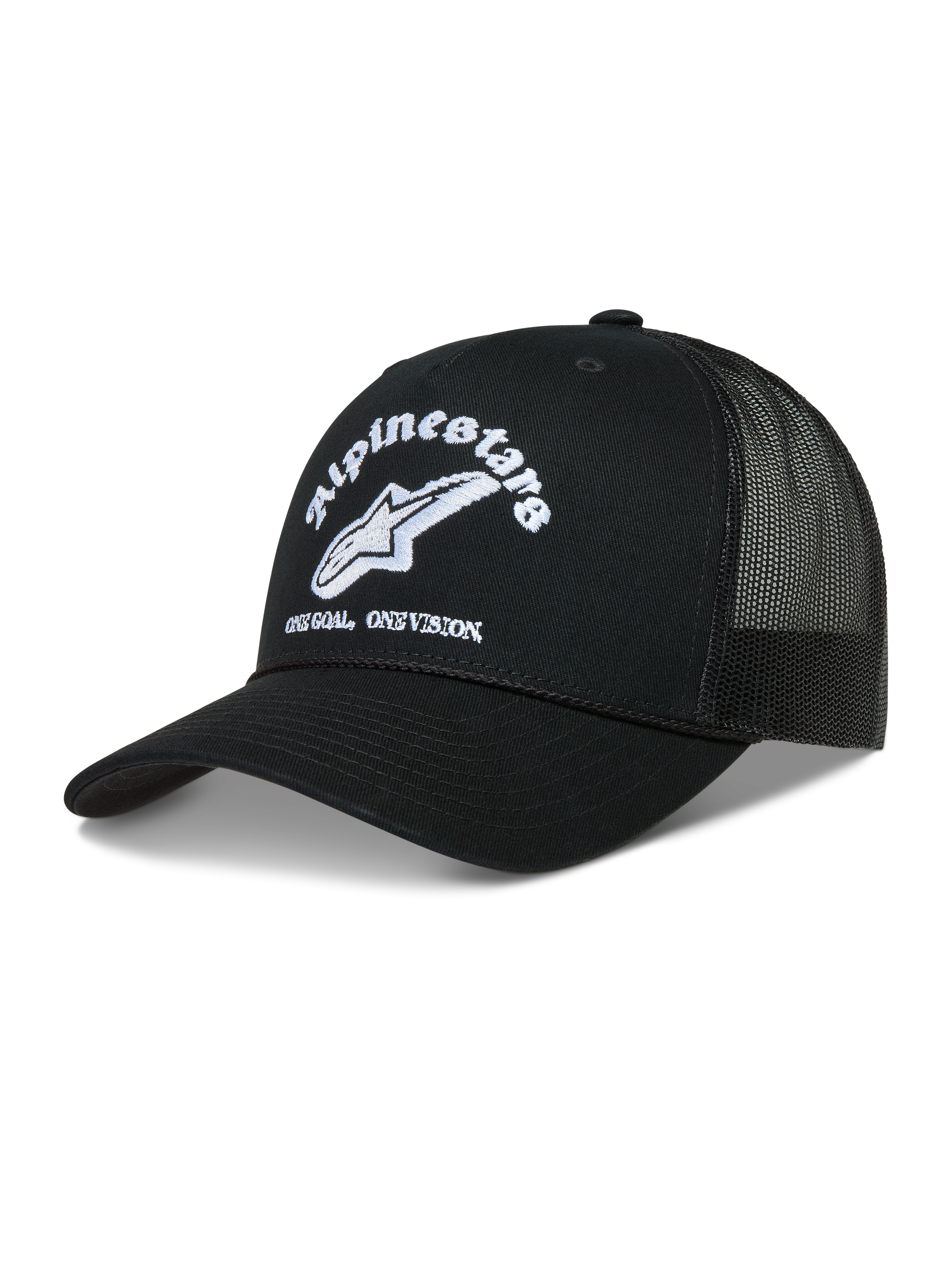 Alpinestars Baron Boné Trucker, boné preto com logótipo bordado branco, aba curva e malha respirável, casual sportswear.