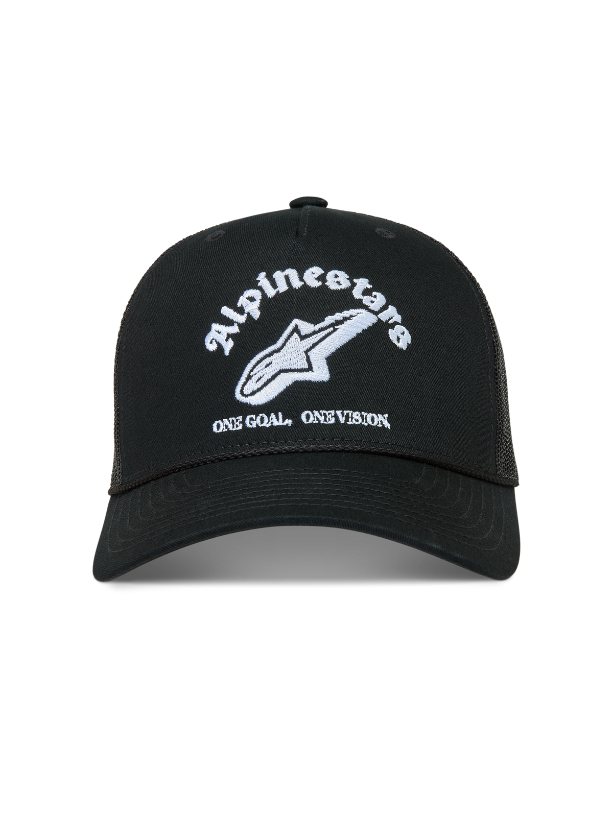 Alpinestars Baron boné trucker, boné de sportswear preto com logótipo bordado a branco, aba curva e malha respirável.