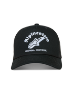 Alpinestars Baron boné trucker, boné de sportswear preto com logótipo bordado a branco, aba curva e malha respirável.
