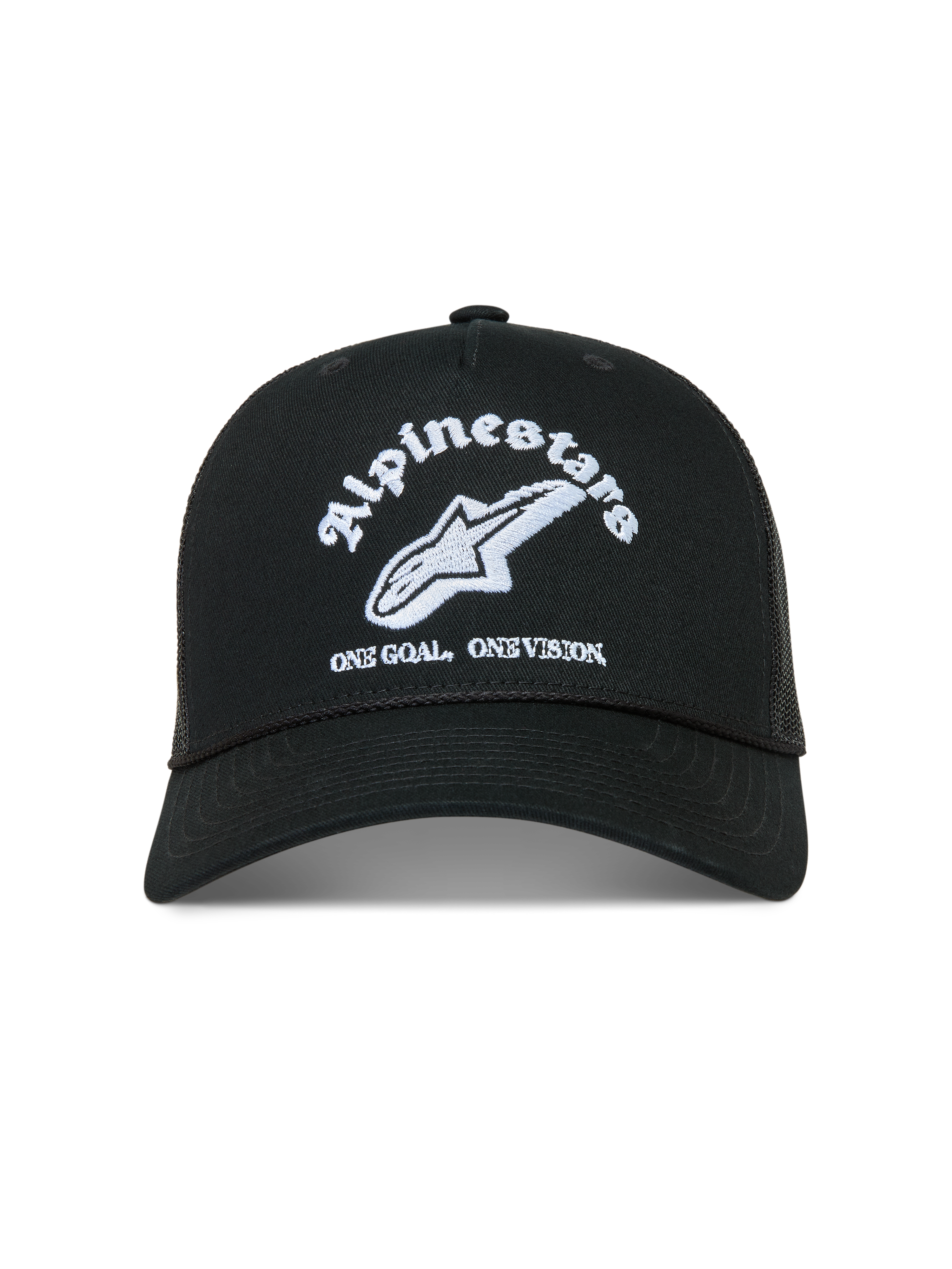 Alpinestars Baron boné trucker, boné de sportswear preto com logótipo bordado a branco, aba curva e malha respirável.