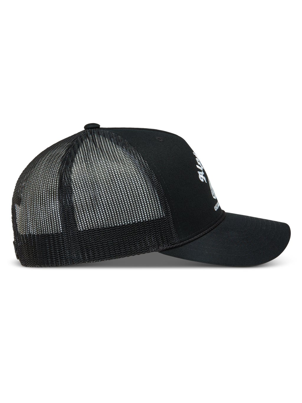 Alpinestars Baron Boné Trucker, boné snapback preto com logótipo branco, vista lateral, aba curva e malha de poliéster.