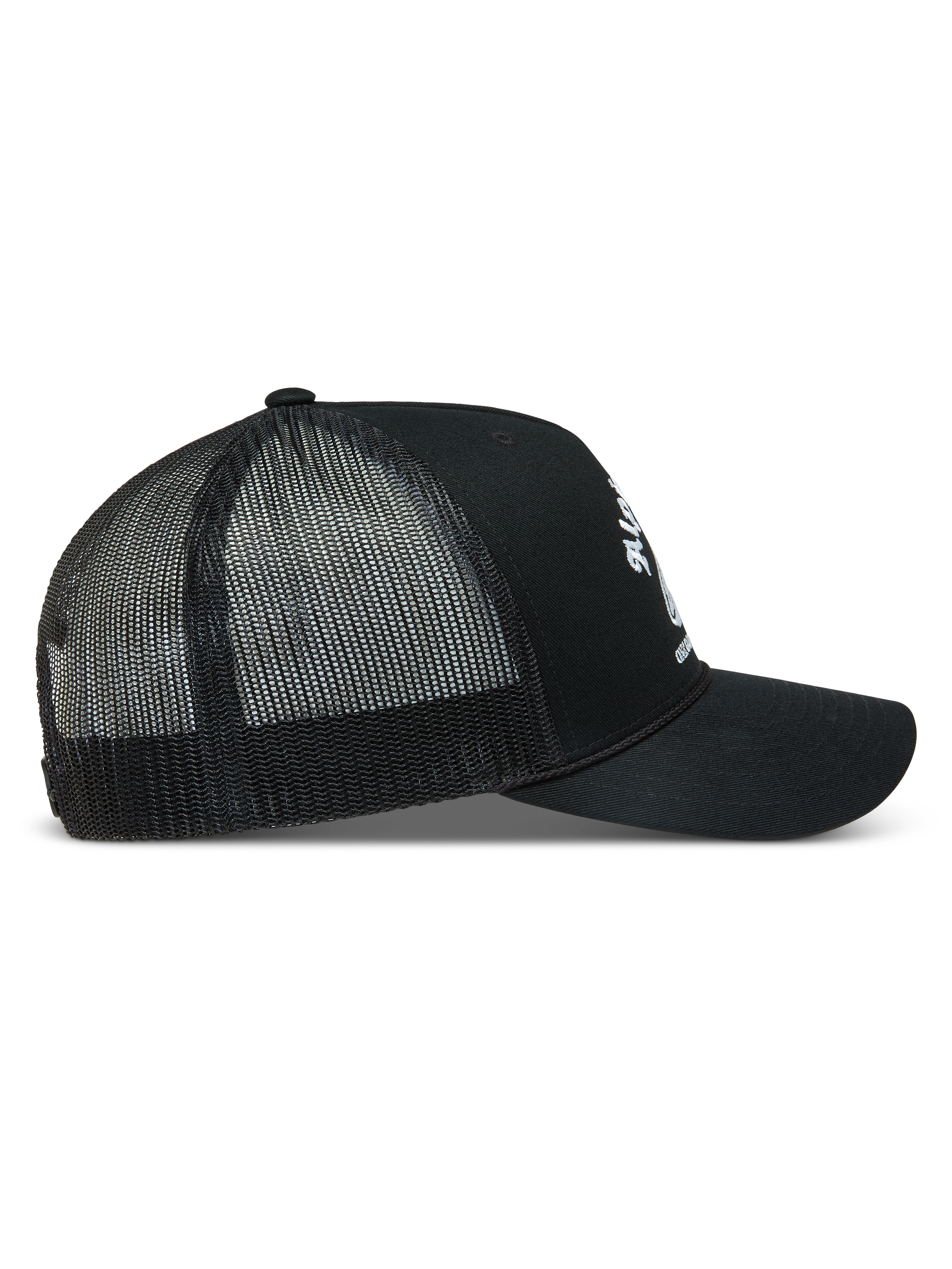 Alpinestars Baron Boné Trucker, boné snapback preto com logótipo branco, vista lateral, aba curva e malha de poliéster.