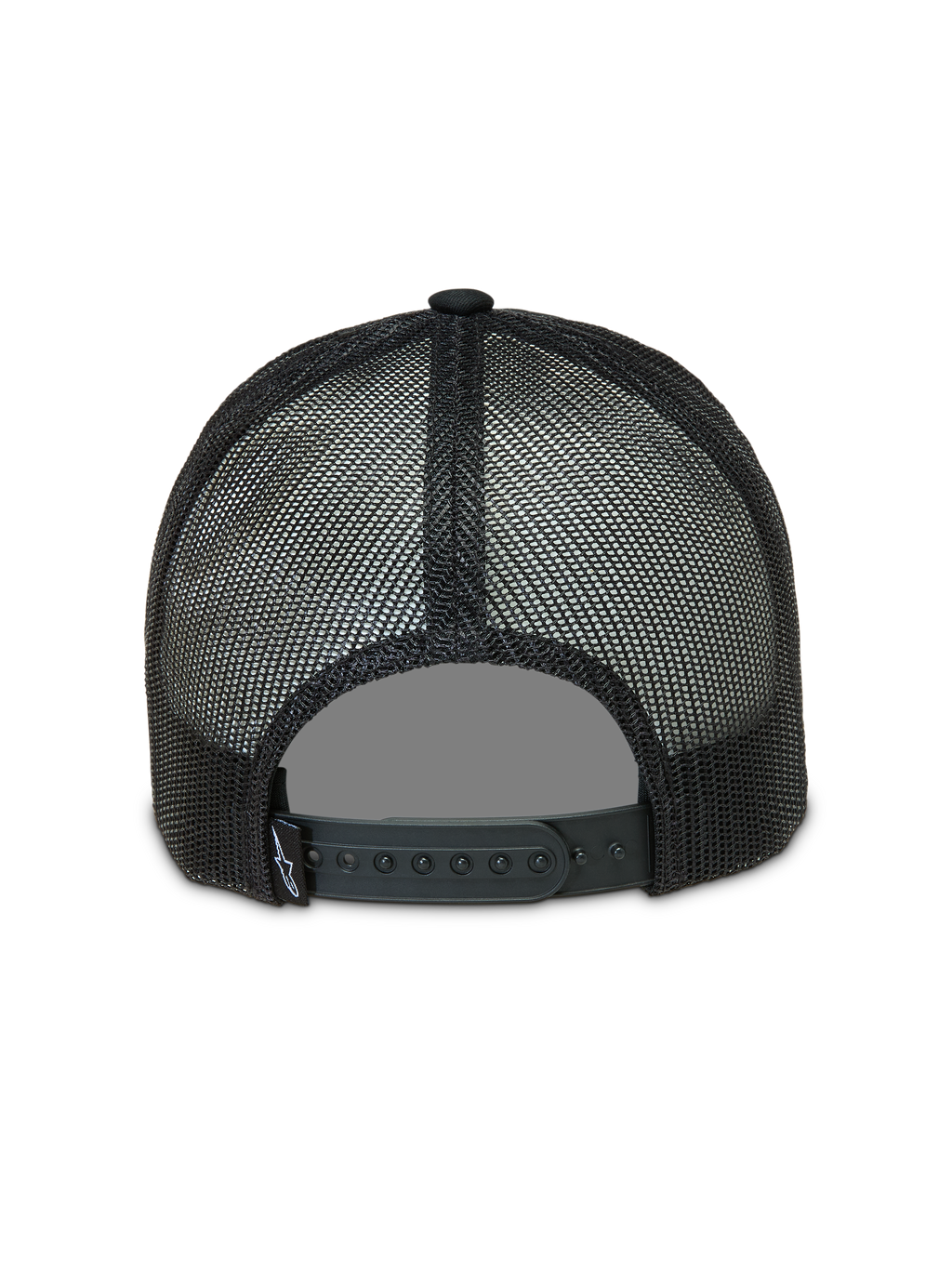 Alpinestars Baron, boné trucker preto, vista traseira com malha respirável e fecho snapback ajustável.