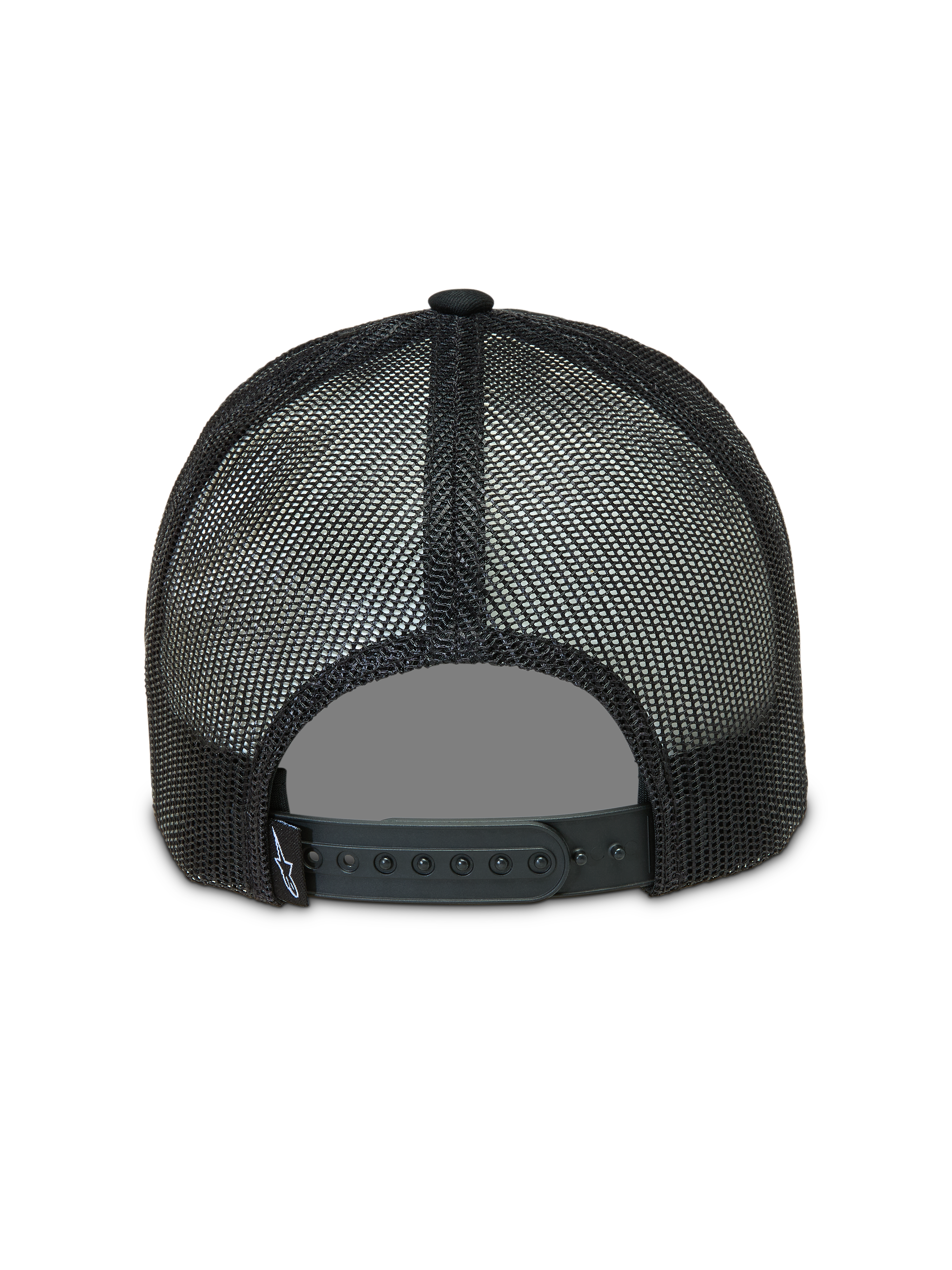 Alpinestars Baron, boné trucker preto, vista traseira com malha respirável e fecho snapback ajustável.