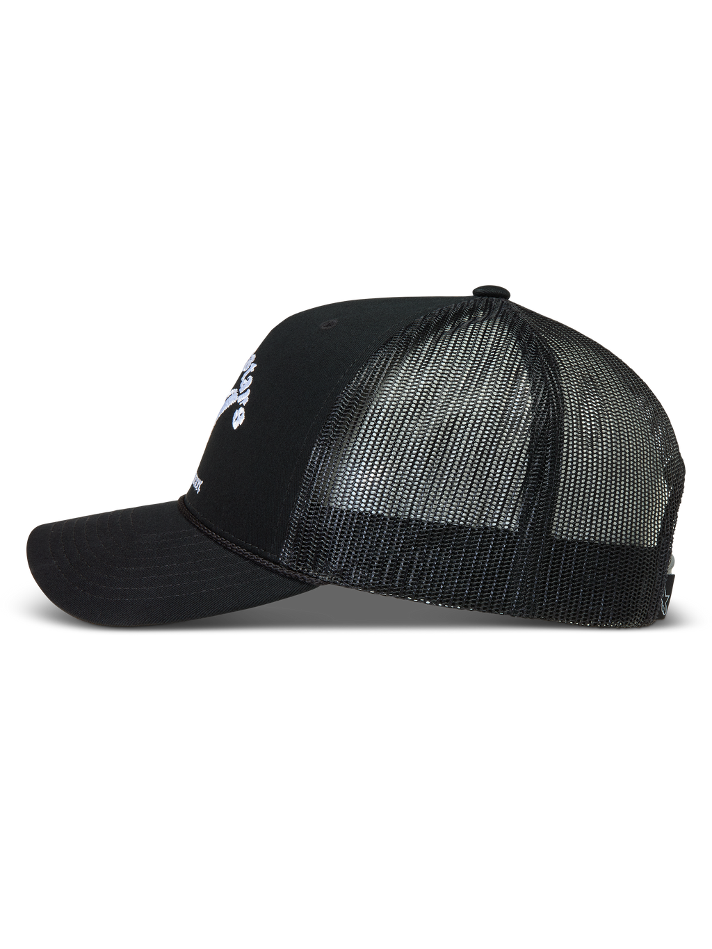 Alpinestars Baron, boné trucker preto de sportswear, com aba curva, malha respirável e coroa estruturada.