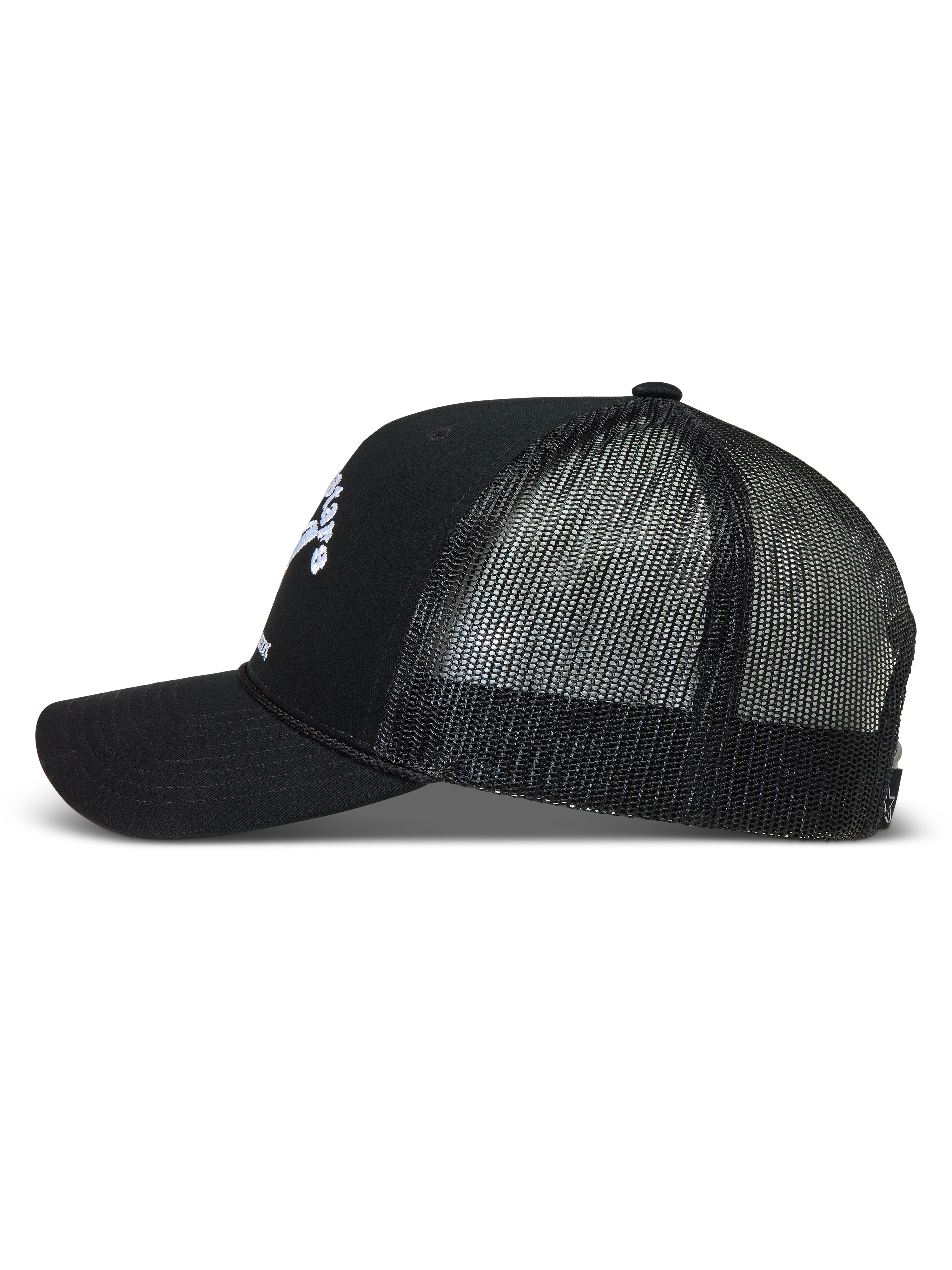 Alpinestars Baron, boné trucker preto de sportswear, com aba curva, malha respirável e coroa estruturada.