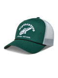 Alpinestars Baron Trucker Hat, green and white sportswear cap with a curved bill, mesh back, and embroidered logo.