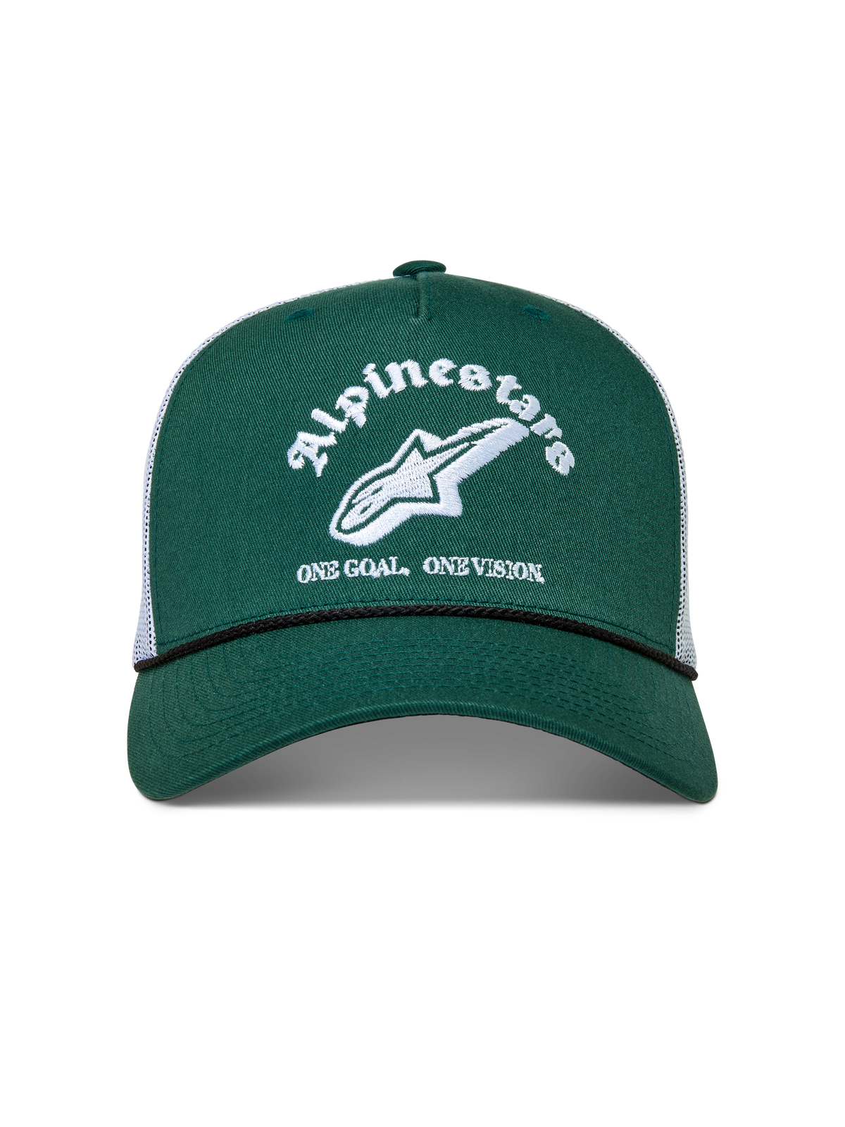 Alpinestars Baron Boné Trucker, boné de sportswear verde e branco com aba curva, coroa de sarja estruturada e logótipo frontal.