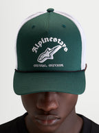 Alpinestars Boné Trucker Baron, boné sportswear casual num modelo, verde e branco, com aba curva, frente estruturada em sarja, parte traseira em malha respirável e logótipo Alpinestars bordado à frente
