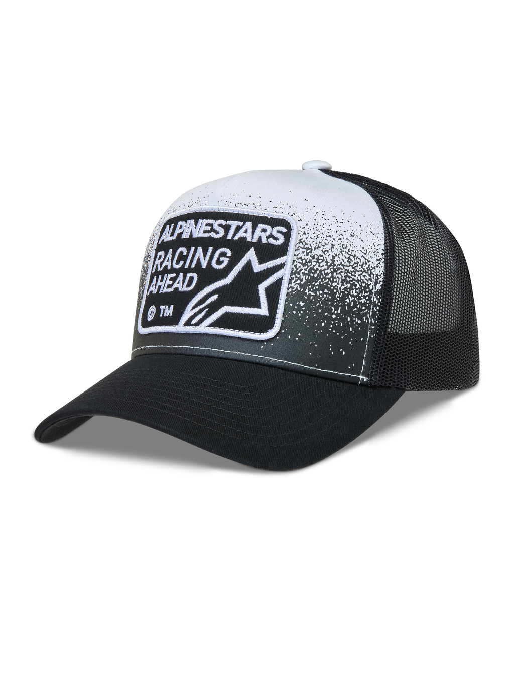 Alpinestars Gravel Boné Trucker, boné de malha preto e branco com aba curva e patch Alpinestars Racing Ahead.