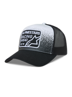 Alpinestars Gravel Boné Trucker, boné de malha preto e branco com aba curva e patch Alpinestars Racing Ahead.