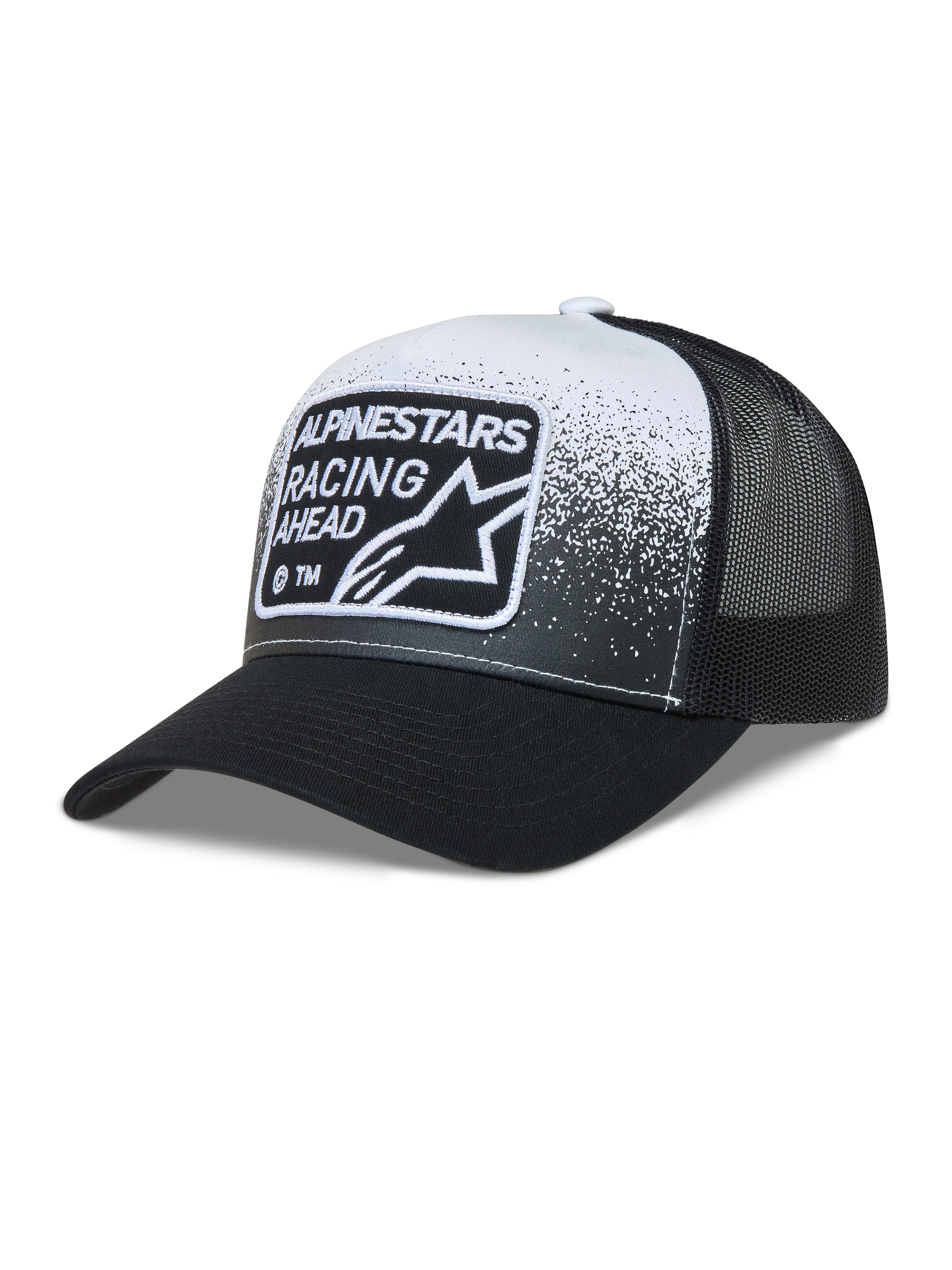 Alpinestars Gravel Boné Trucker, boné de malha preto e branco com aba curva e patch Alpinestars Racing Ahead.