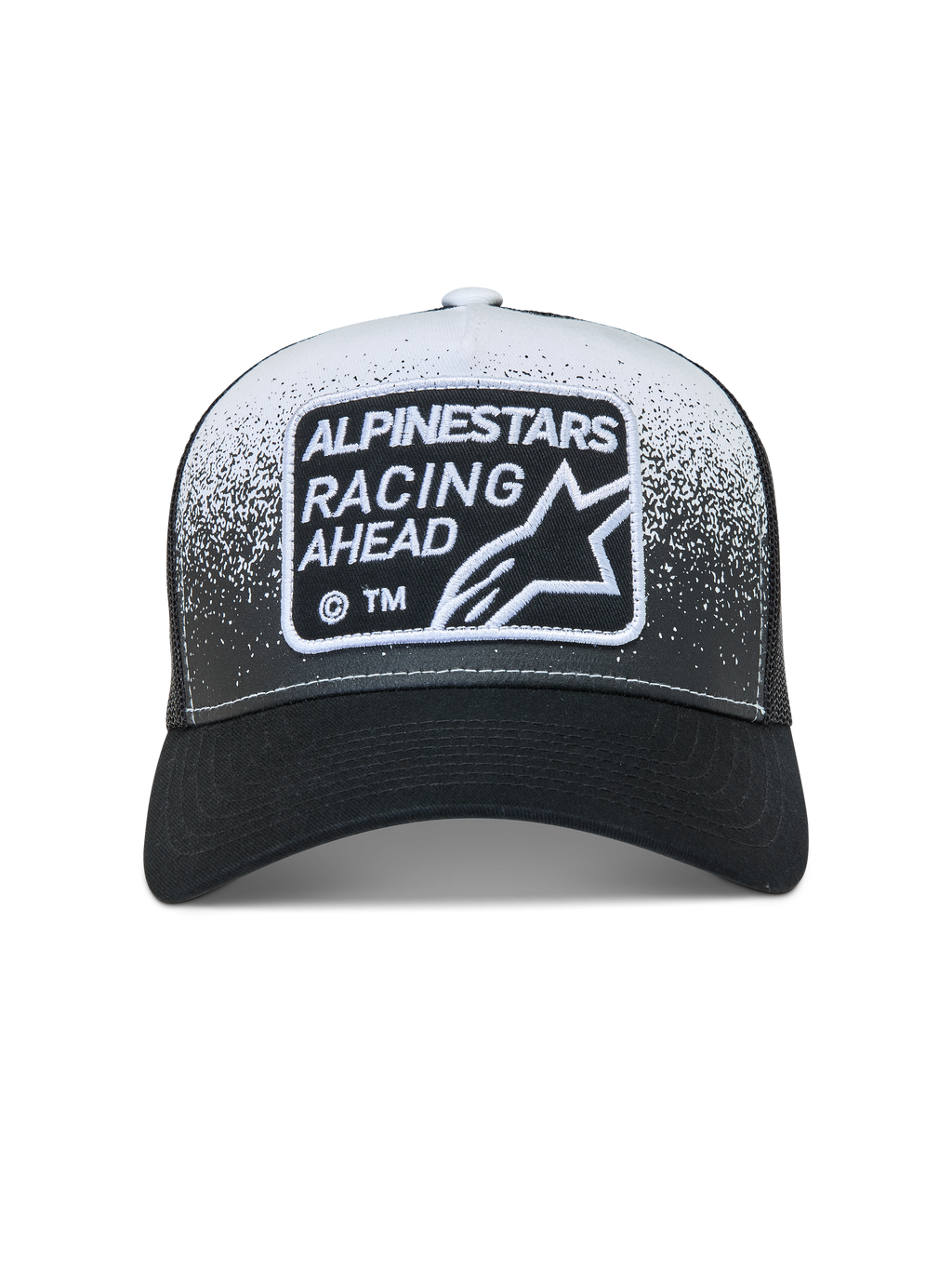 Alpinestars Gravel boné trucker, boné de sportswear preto e branco, aba curva com textura de cascalho e patch Racing Ahead.