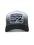 Alpinestars Gravel boné trucker, boné de sportswear preto e branco, aba curva com textura de cascalho e patch Racing Ahead.
