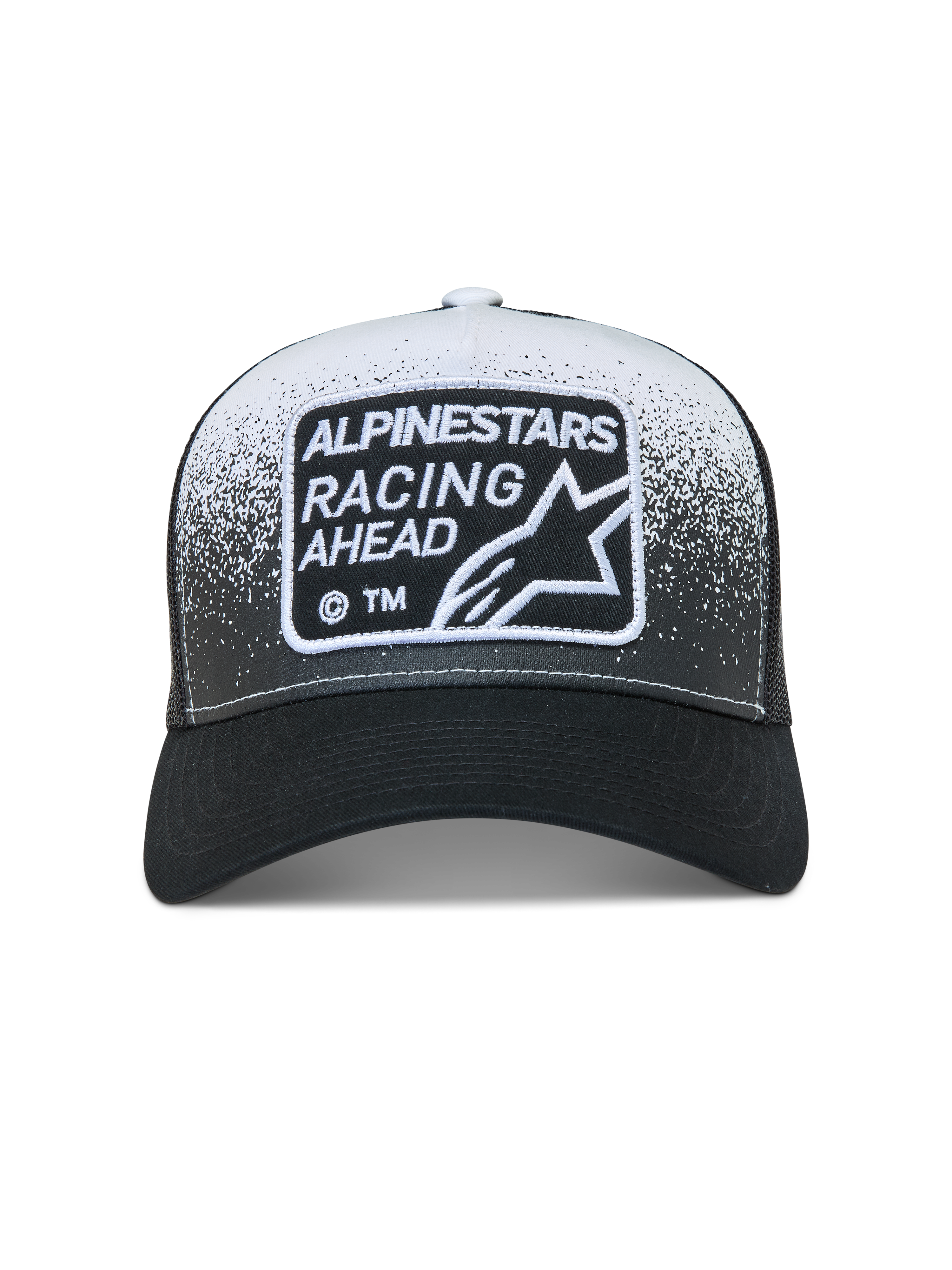 Alpinestars Gravel boné trucker, boné de sportswear preto e branco, aba curva com textura de cascalho e patch Racing Ahead.
