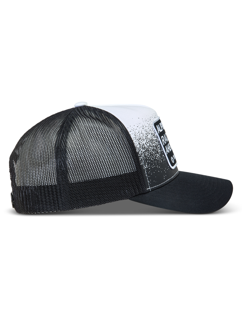 Alpinestars Gravel Boné Trucker, boné de sportswear preto e branco com malha traseira, aba curva e padrão de cascalho.