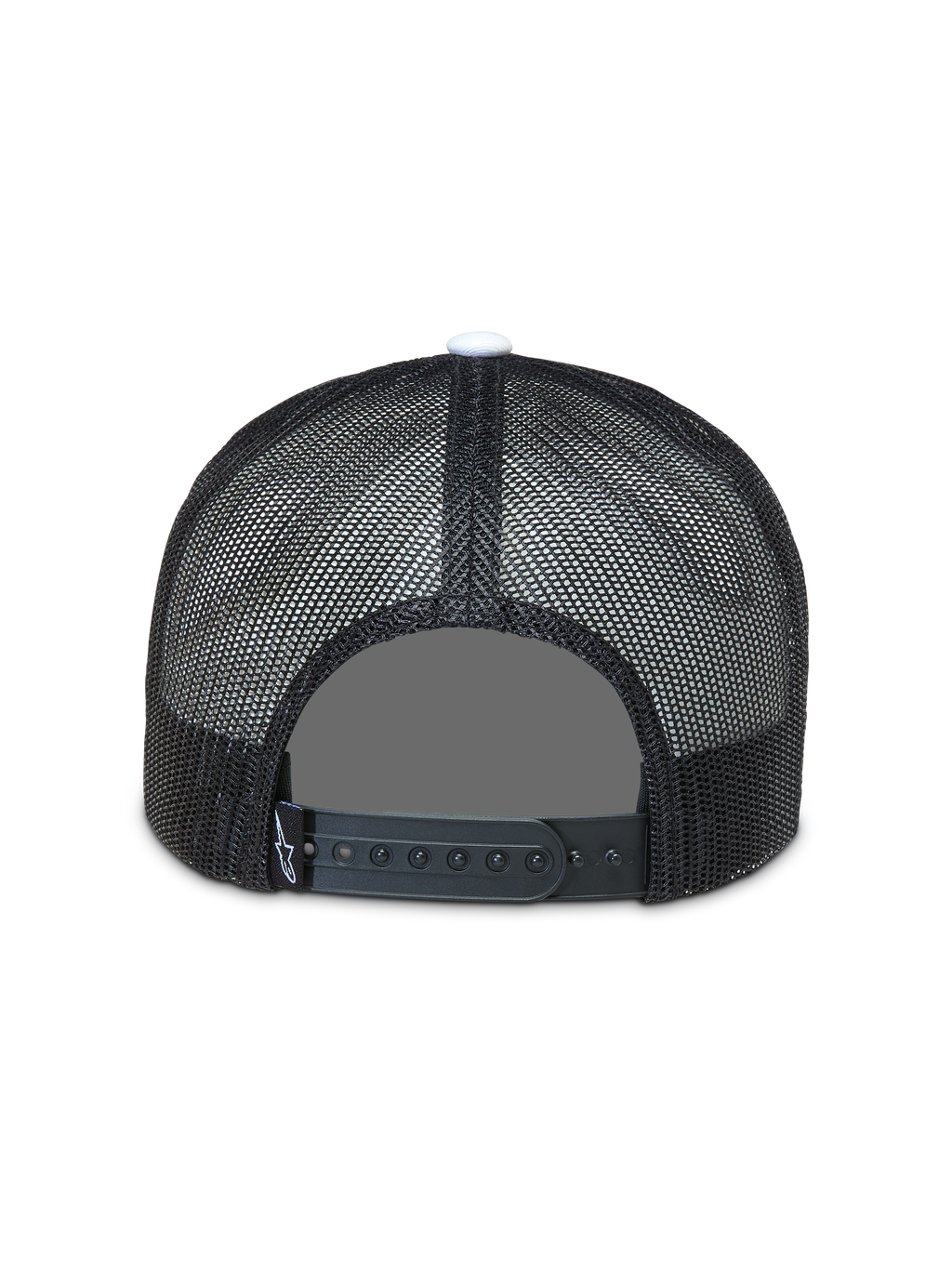 Alpinestars Gravel Boné Trucker, vista traseira com malha respirável preta e fecho snapback ajustável.