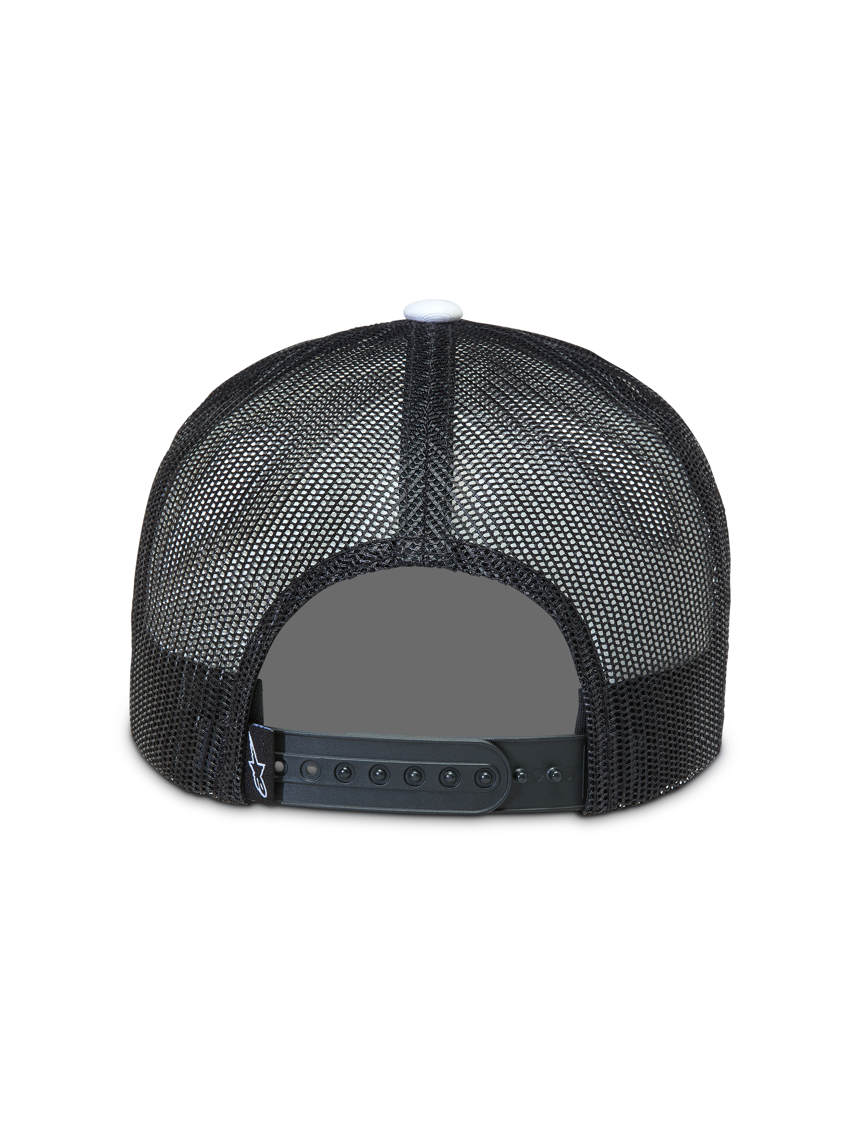 Alpinestars Gravel Boné Trucker, vista traseira com malha respirável preta e fecho snapback ajustável.